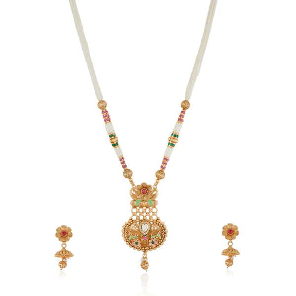 Elegant gold-tone long necklace set with white pearls, offering a classic and refined style."