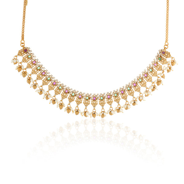 "Gold-tone short necklace set with multicolor stones and zircon accents for a festive look."