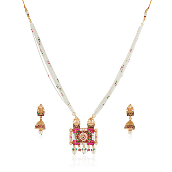 "Graceful gold-tone long necklace with small white pearls, perfect for a sophisticated festive style."