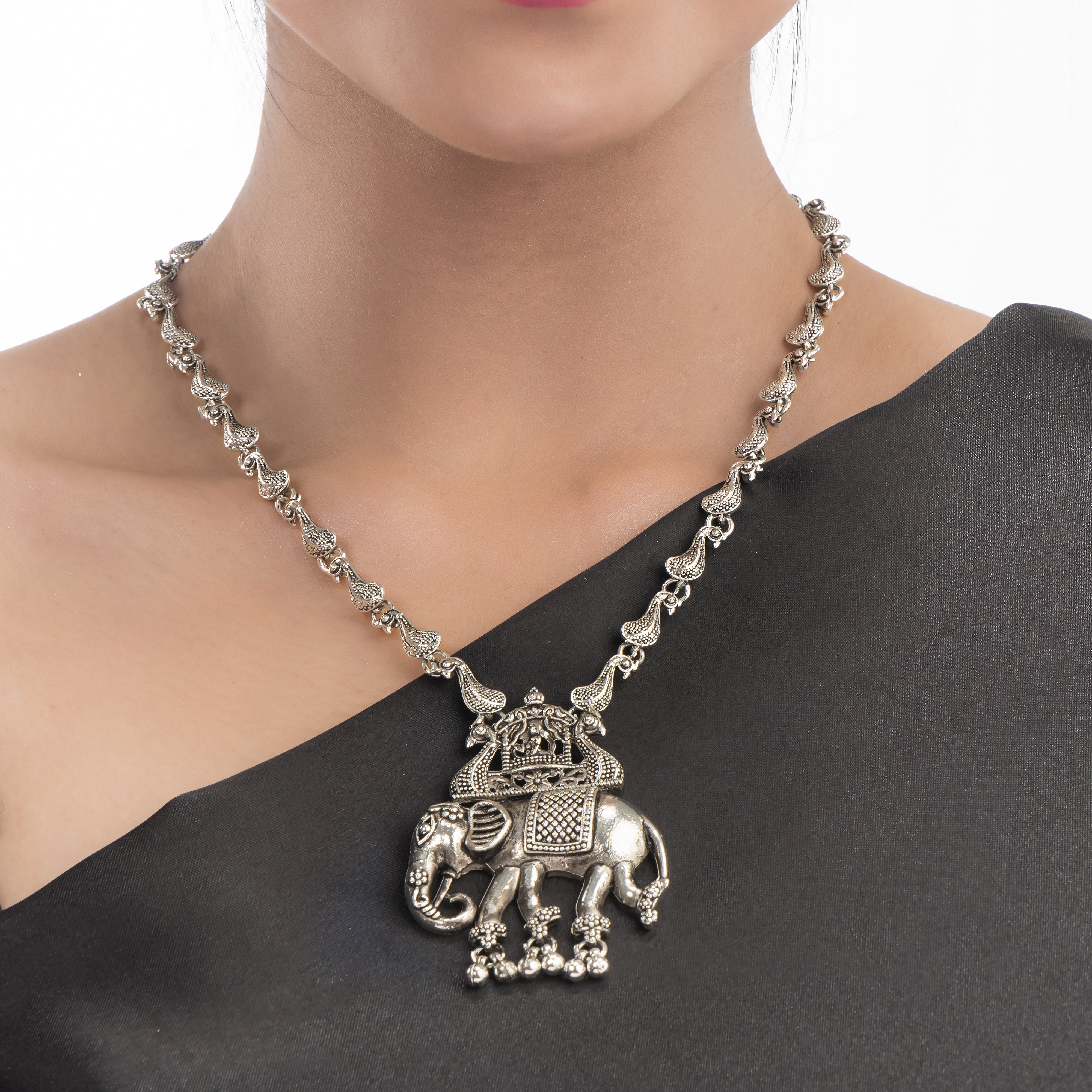 "Intricately crafted oxidized long necklace set with a detailed elephant design, perfect for festivals."
