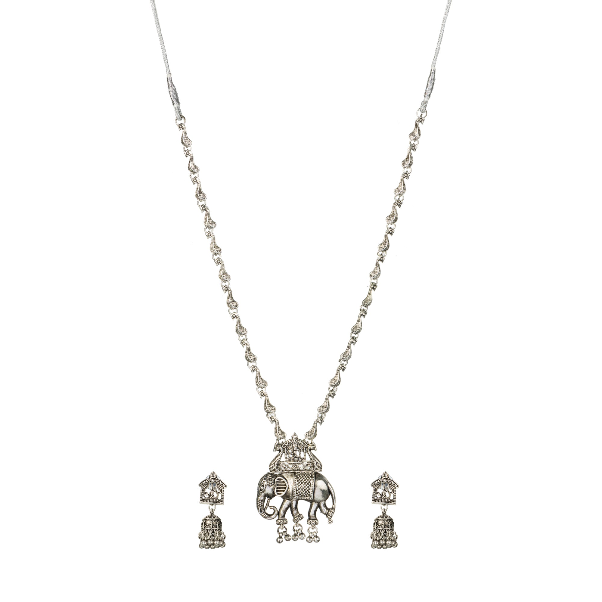 "Intricately crafted oxidized long necklace set with a detailed elephant design, perfect for festivals."