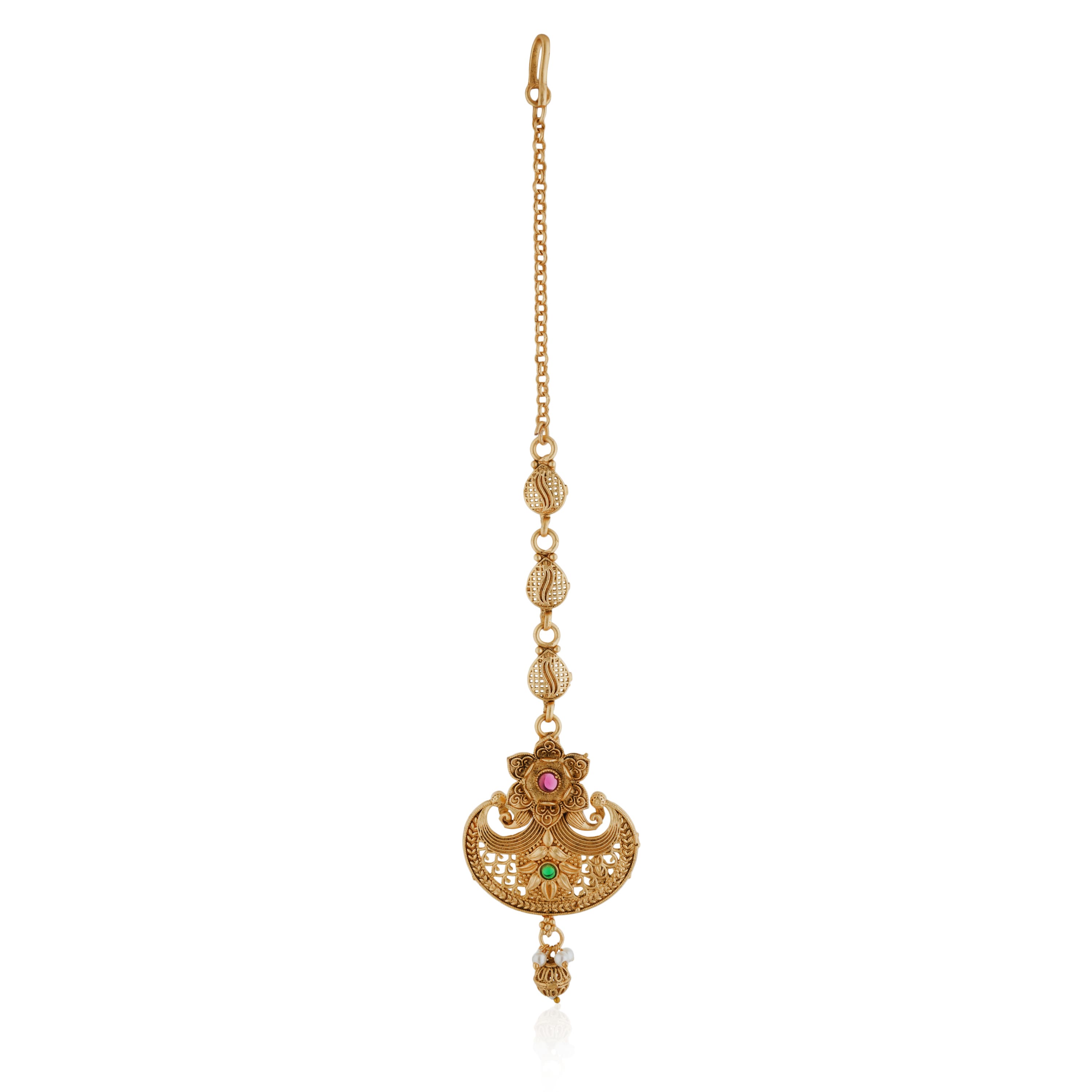 Traditional gold-tone maang tika with a golden finish, ideal for festive and elegant hairstyles.