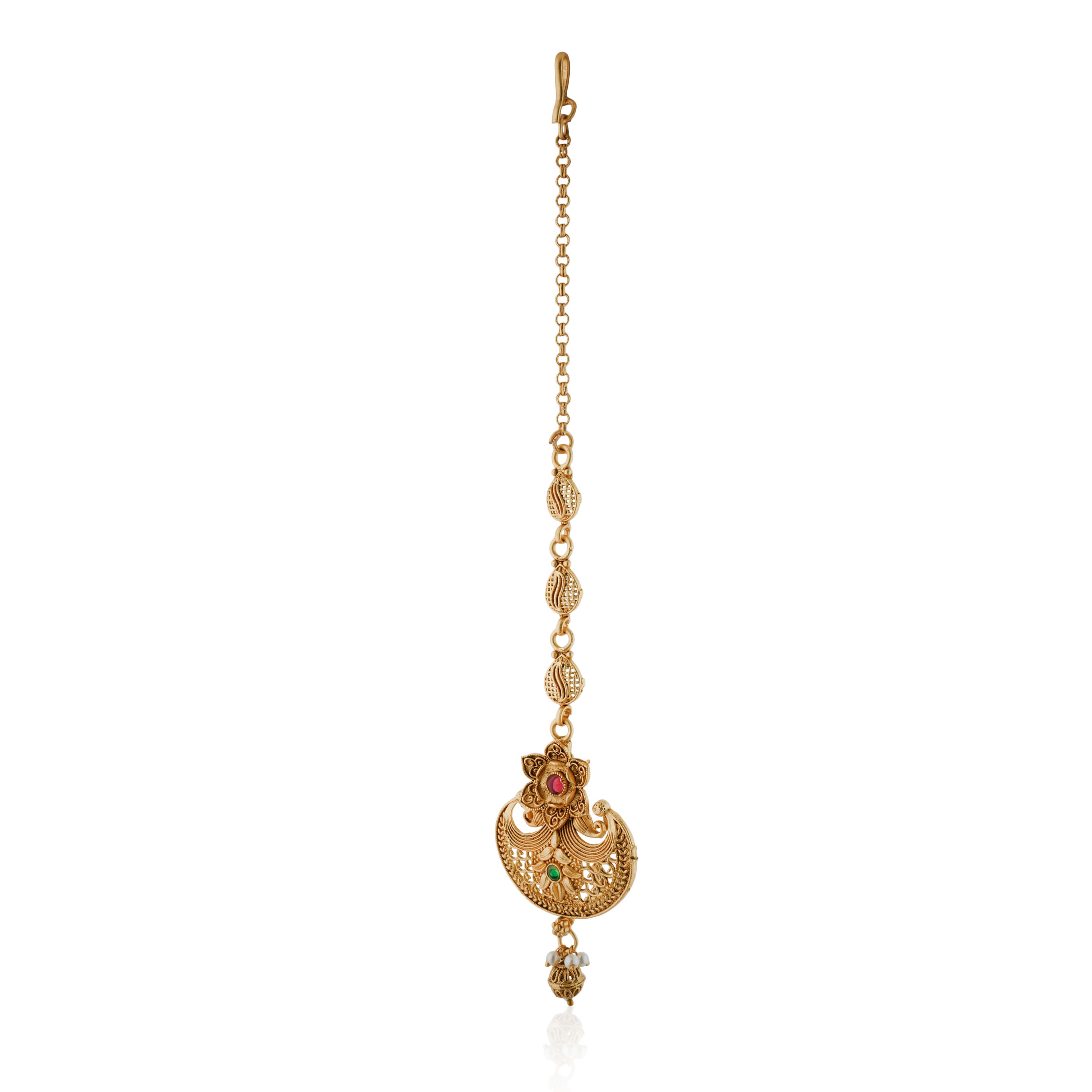 Traditional gold-tone maang tika with a golden finish, ideal for festive and elegant hairstyles.