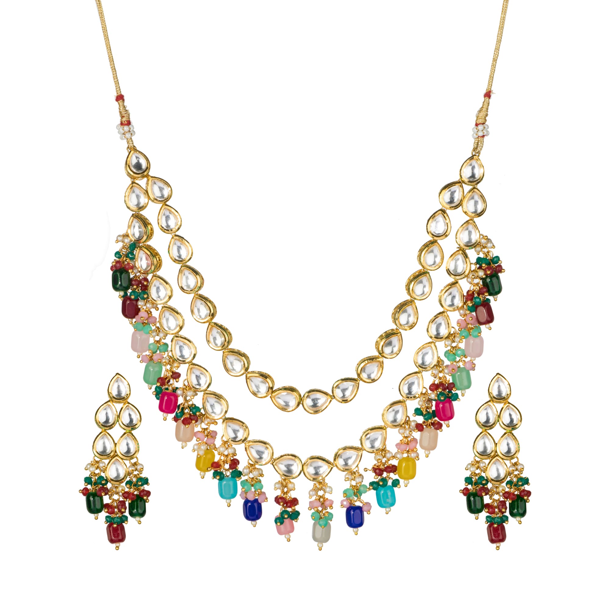 "Elegant double-layer Kundan necklace set with multicolor pearls, perfect for a vibrant festive look."