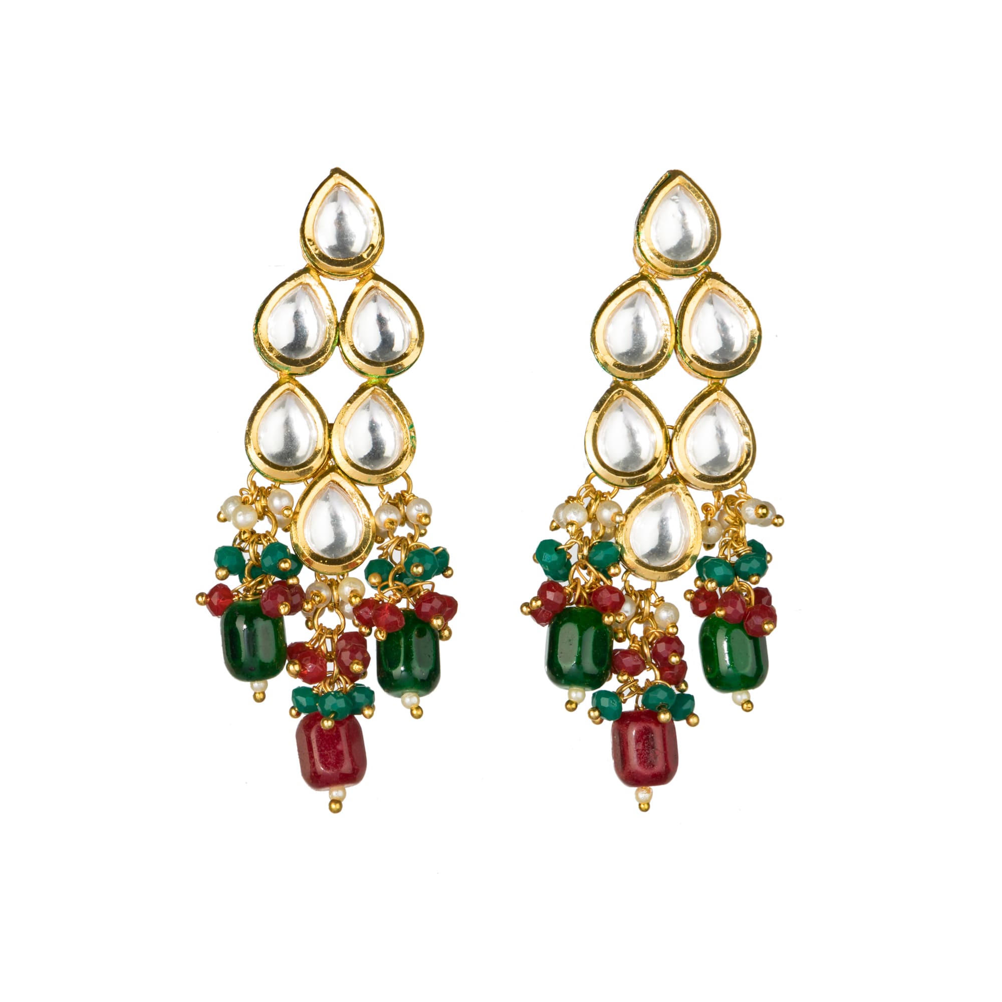 "Elegant double-layer Kundan necklace set with multicolor pearls, perfect for a vibrant festive look."
