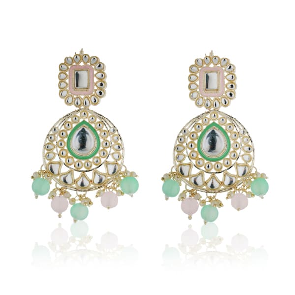 "Festive Kundan and multicolor pearl earrings with matching Maang Tikka, offering an elegant look."