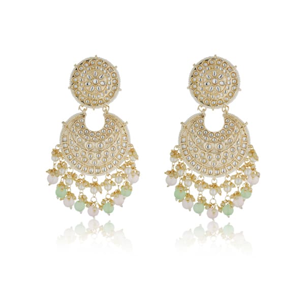"Multicolor Kundan and pearl earrings with Maang Tikka, perfect for a classic festive style."