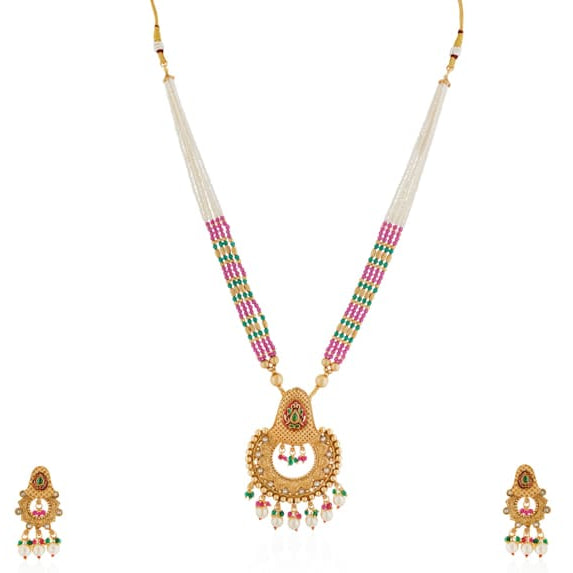 "Classic goldtone long necklace set with matching earrings for a festive, elegant look."