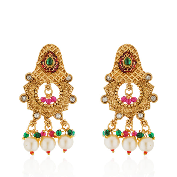 "Classic goldtone long necklace set with matching earrings for a festive, elegant look."