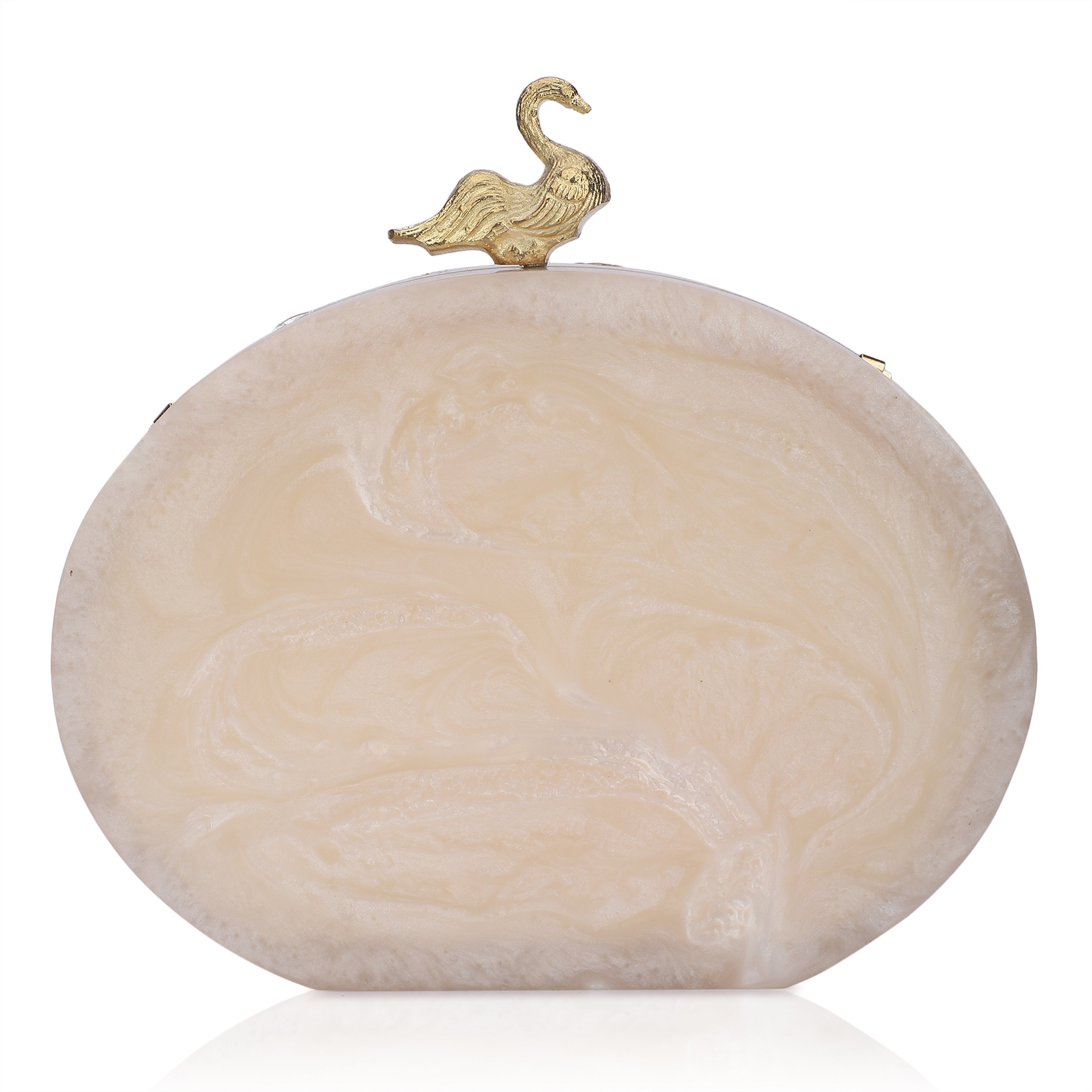 Oval-shaped salmon resin clutch with peacock design closure and sleek sling chain for style.