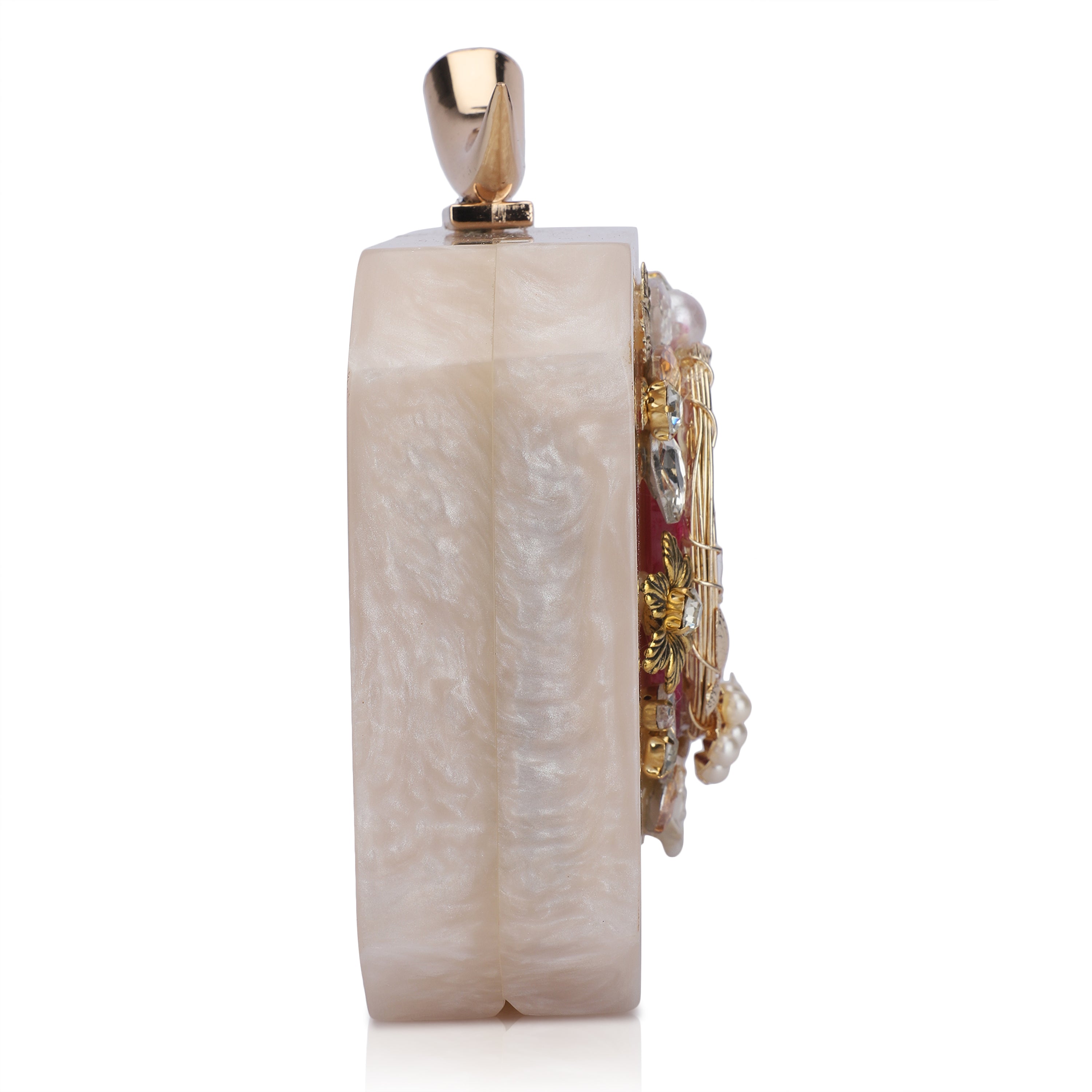 Resin-embellished clutch featuring a pink agate stone, paired with a stylish sling chain.