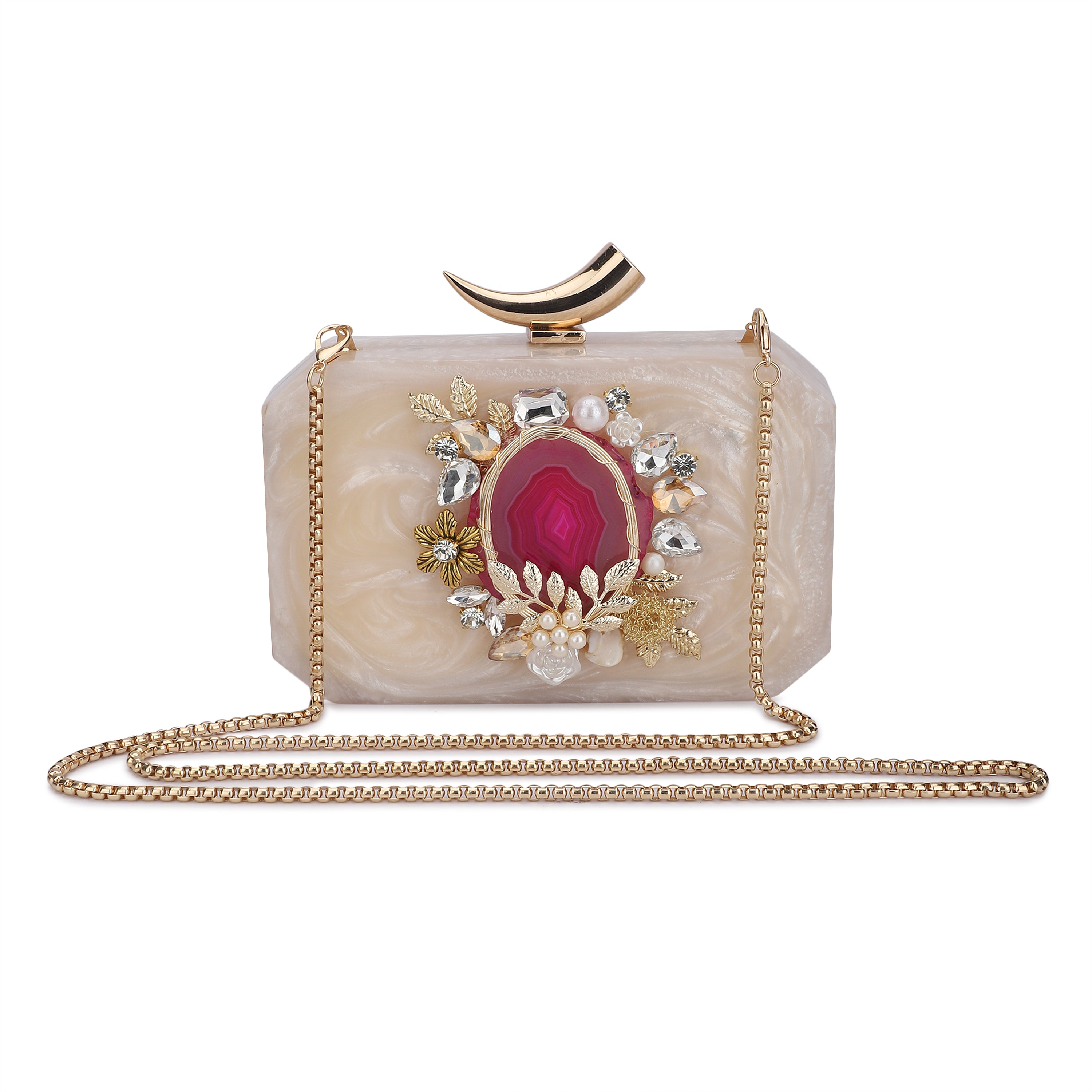 Resin-embellished clutch featuring a pink agate stone, paired with a stylish sling chain.
