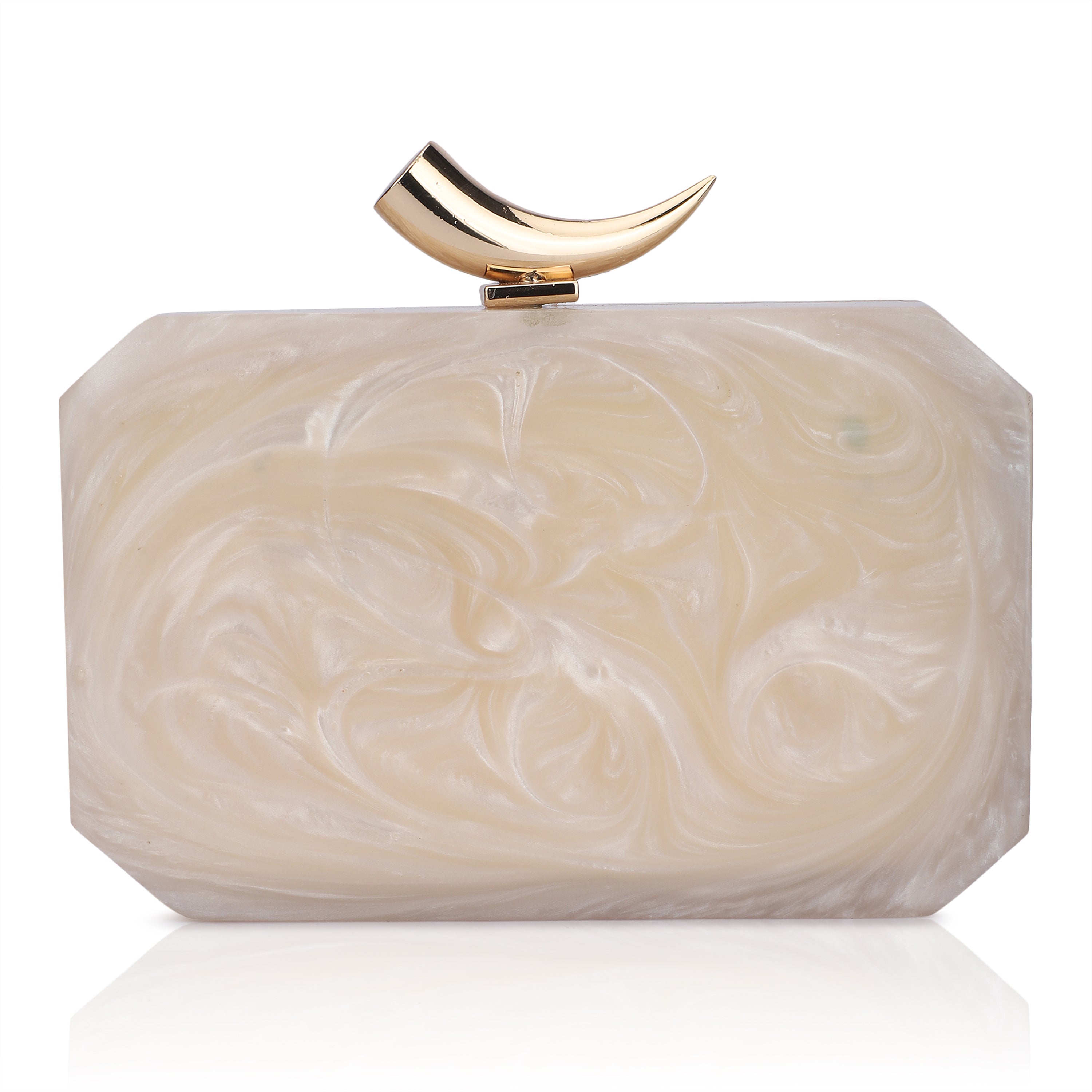 Resin-embellished clutch featuring a pink agate stone, paired with a stylish sling chain.