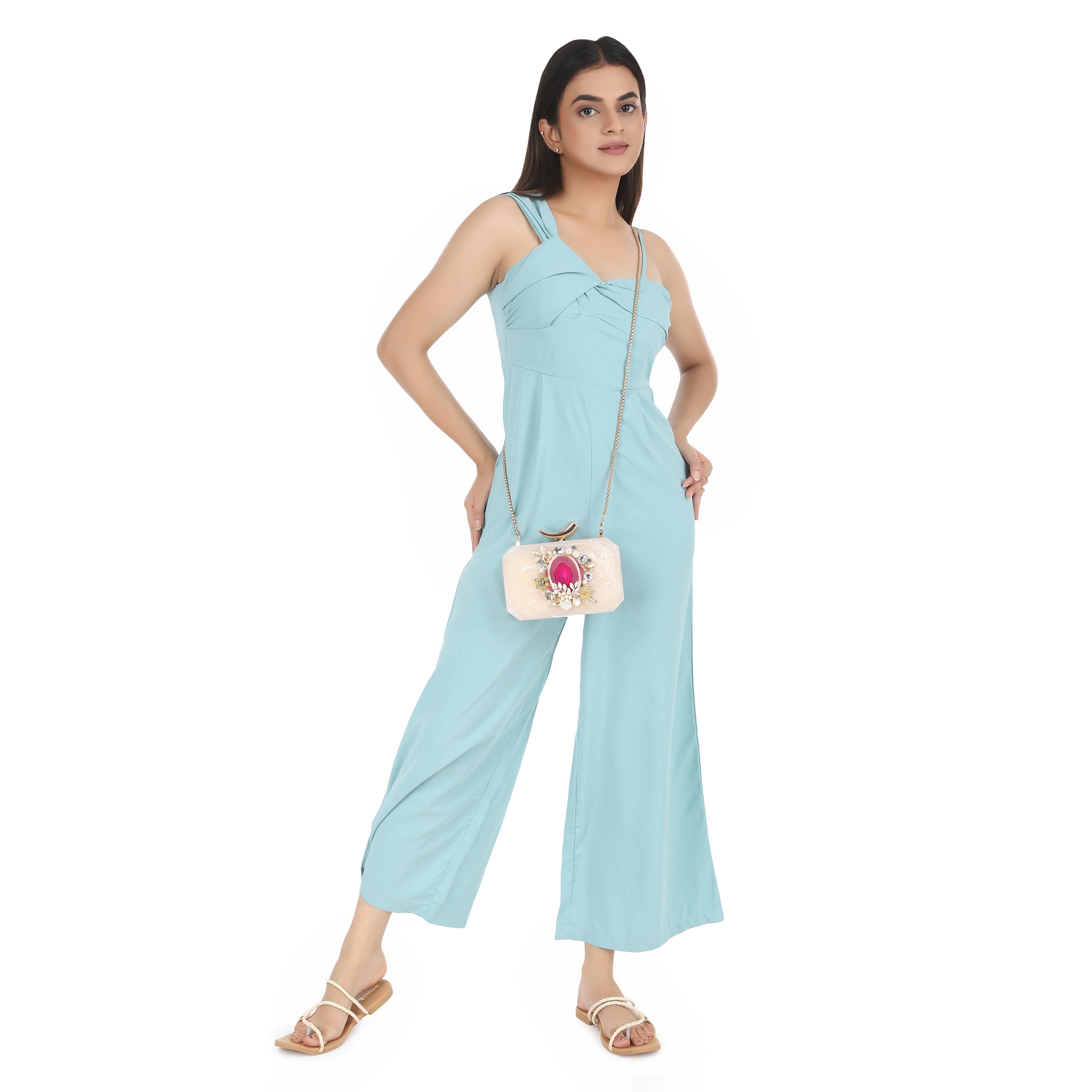 Resin-embellished clutch featuring a pink agate stone, paired with a stylish sling chain.