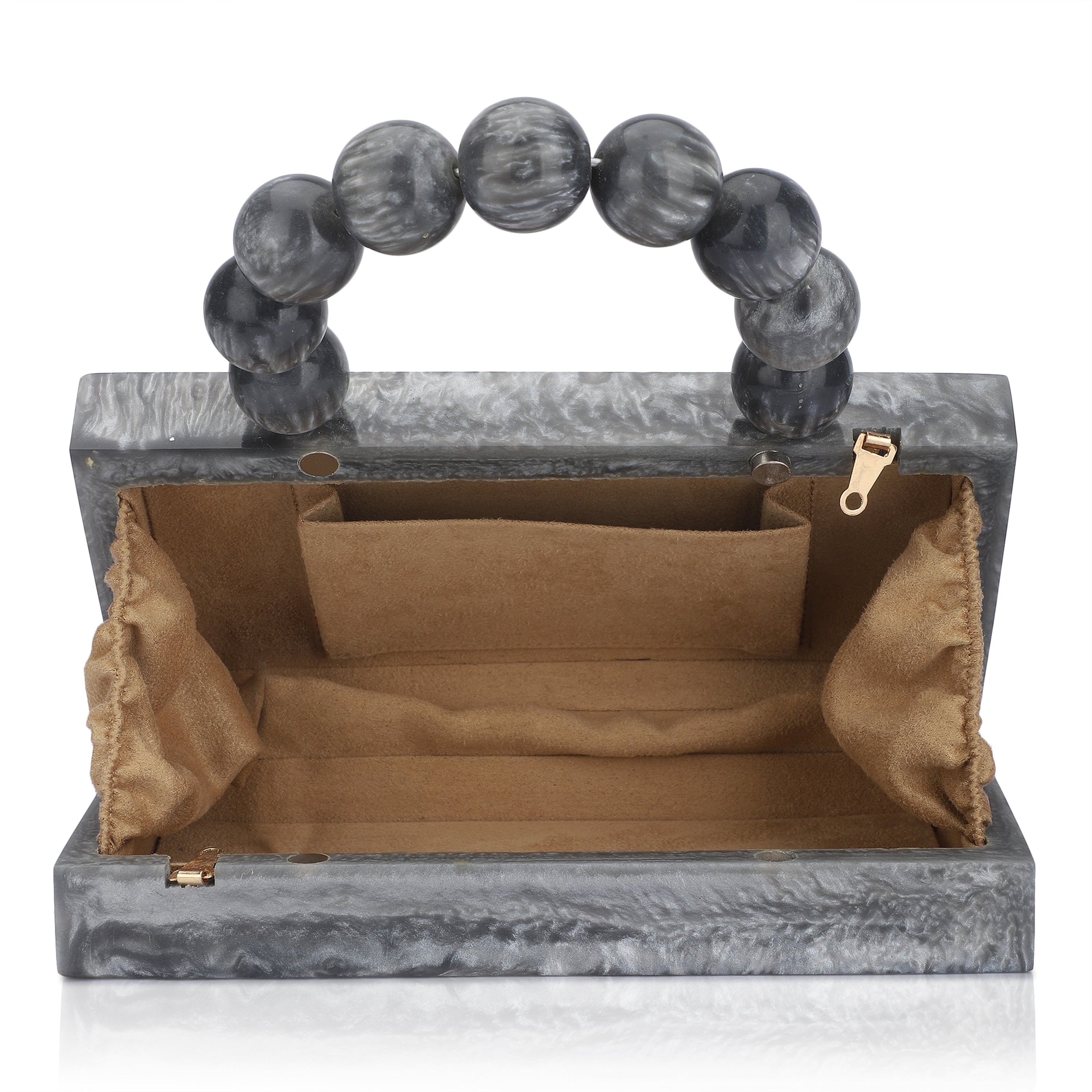 Grey resin clutch with velvet lining, heavy-duty sling, and extra pocket for convenient storage.