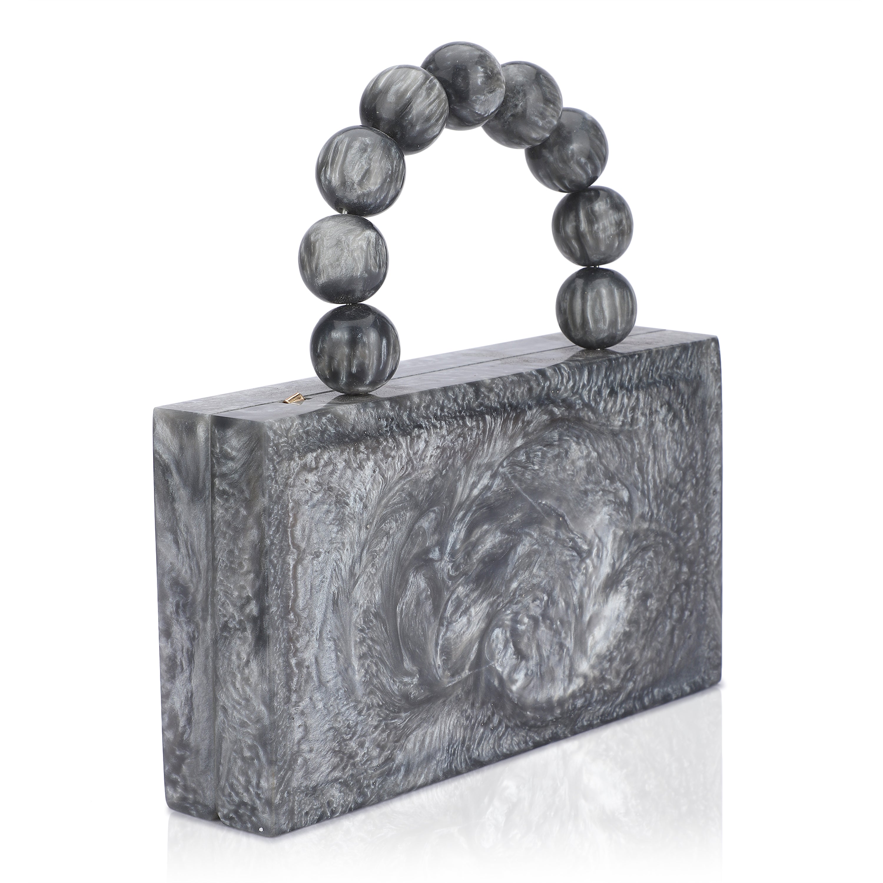 Grey resin clutch with velvet lining, heavy-duty sling, and extra pocket for convenient storage.