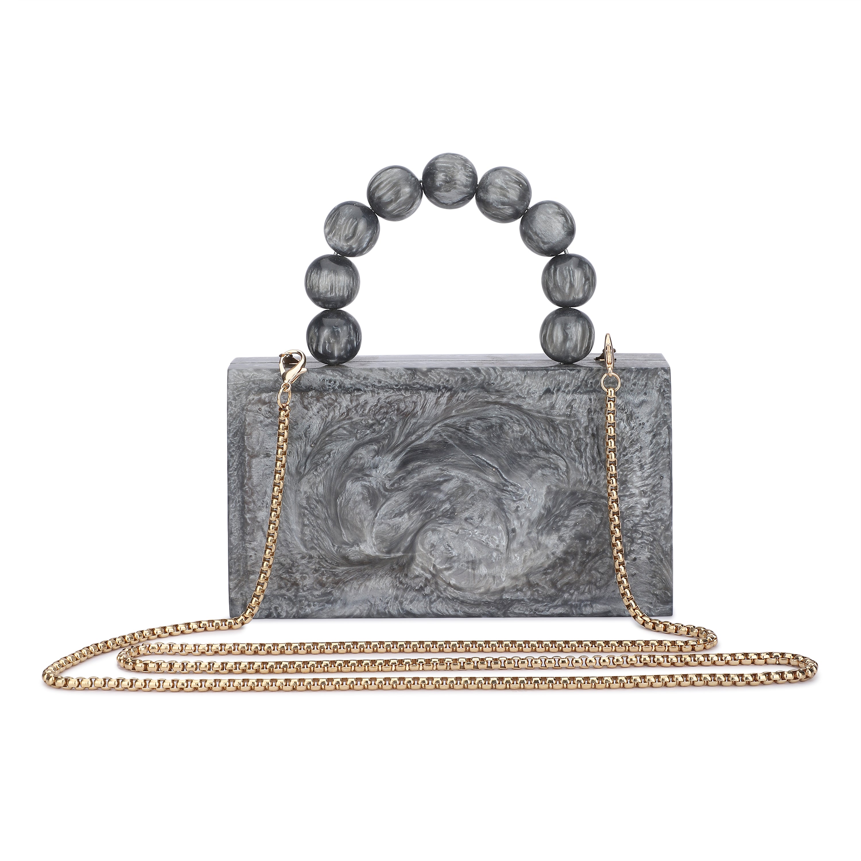 Grey resin clutch with velvet lining, heavy-duty sling, and extra pocket for convenient storage.