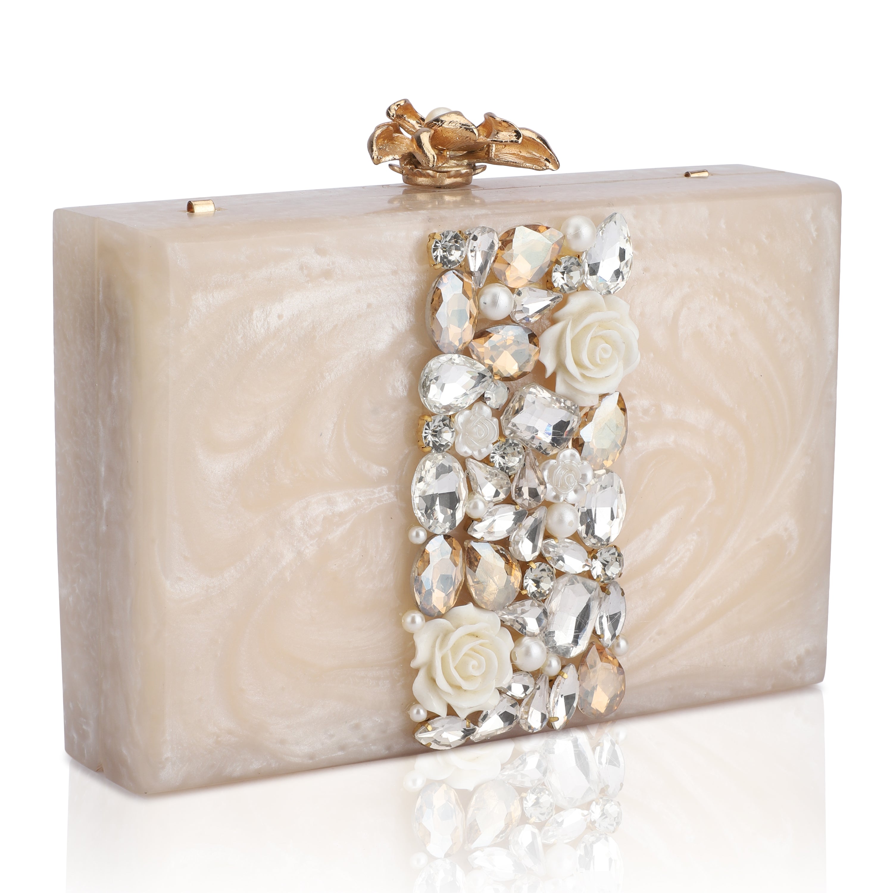 Embellished salmon resin clutch with extra pocket and sturdy sling for a chic and convenient style.