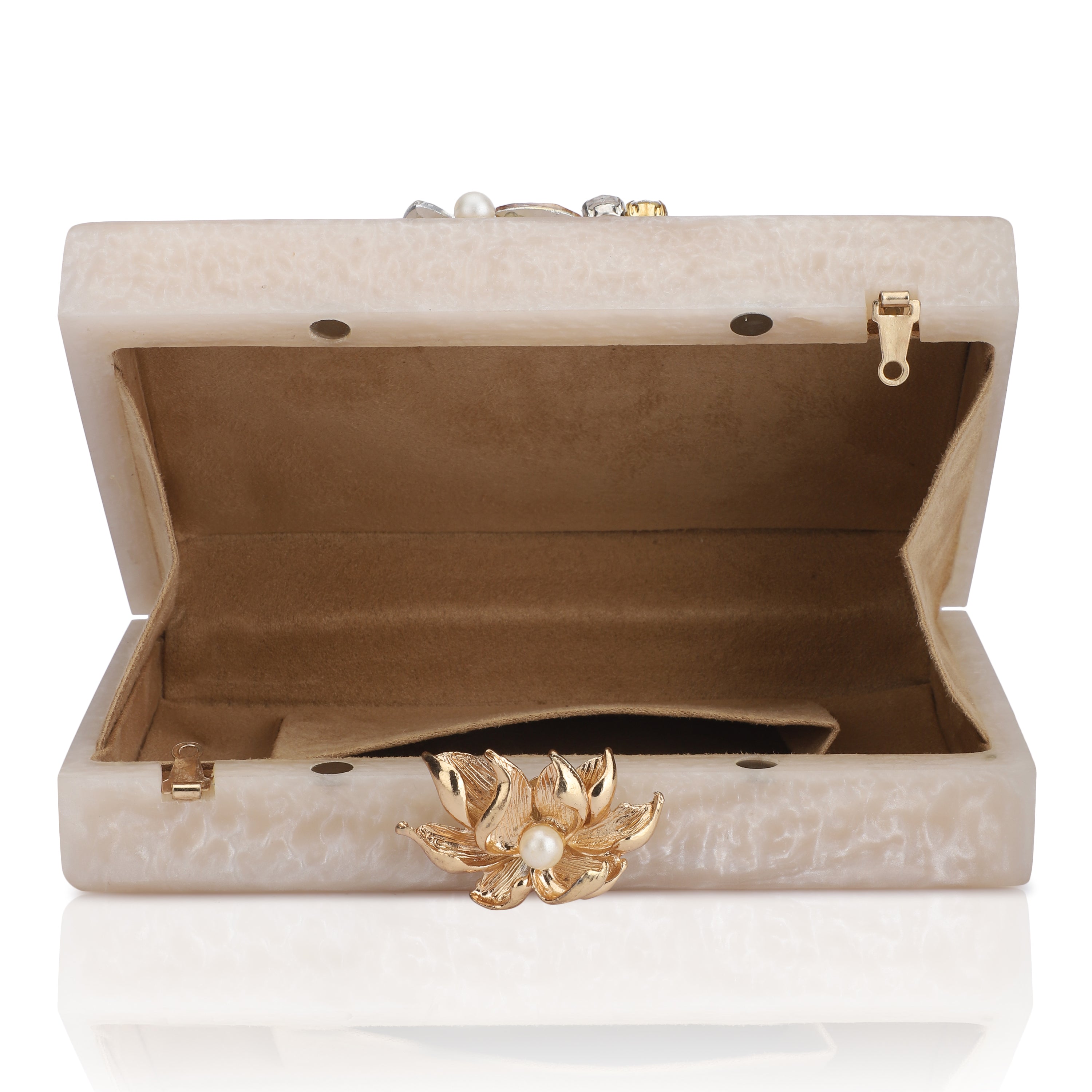 Embellished salmon resin clutch with extra pocket and sturdy sling for a chic and convenient style.