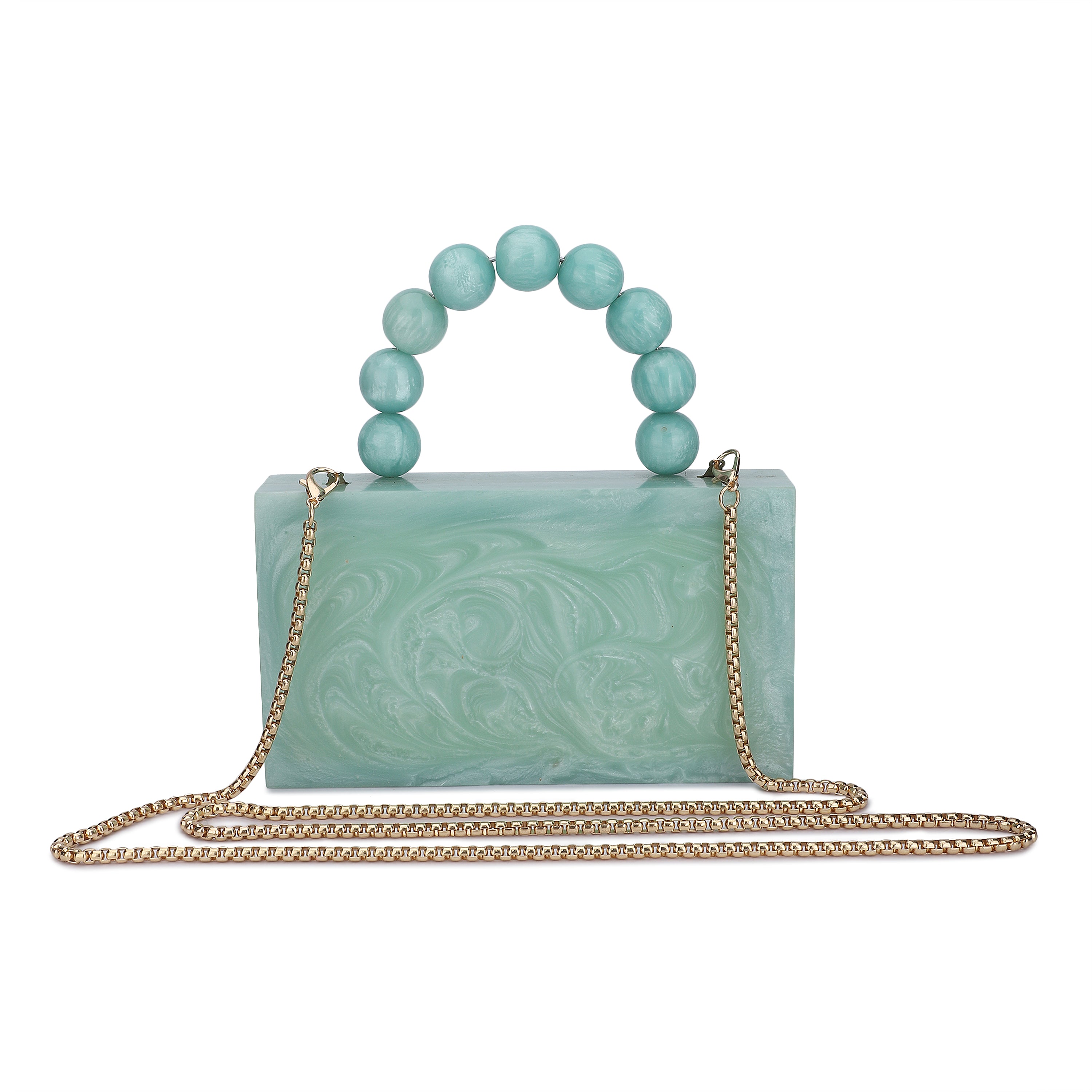 Green resin clutch with velvet lining, heavy-duty sling, and extra pocket for stylish storage.