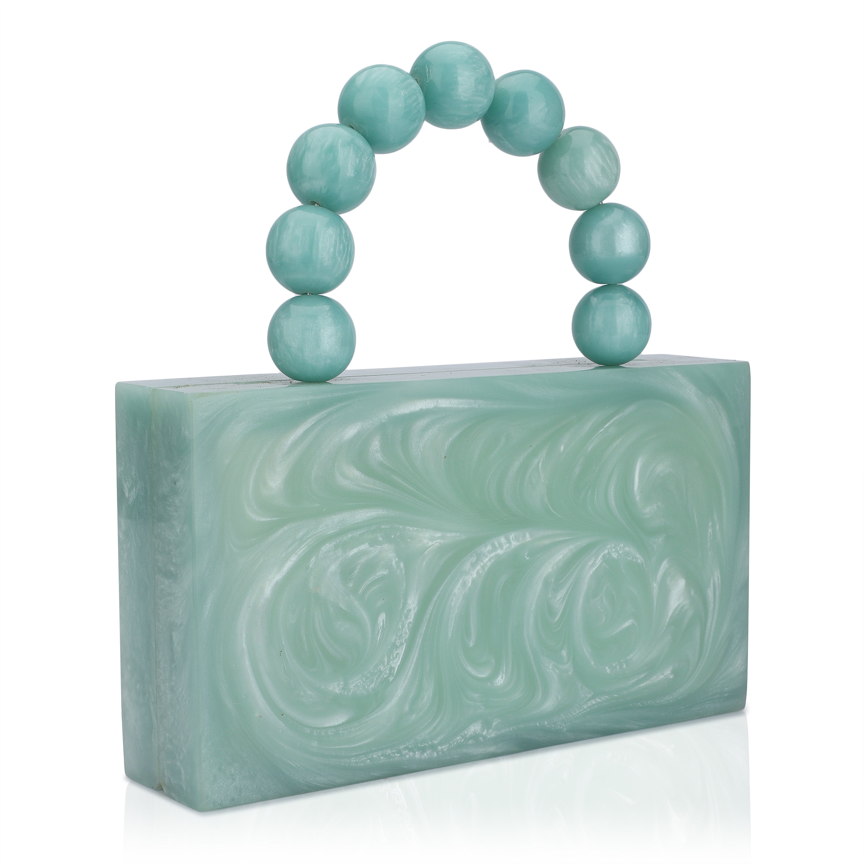 Green resin clutch with velvet lining, heavy-duty sling, and extra pocket for stylish storage.