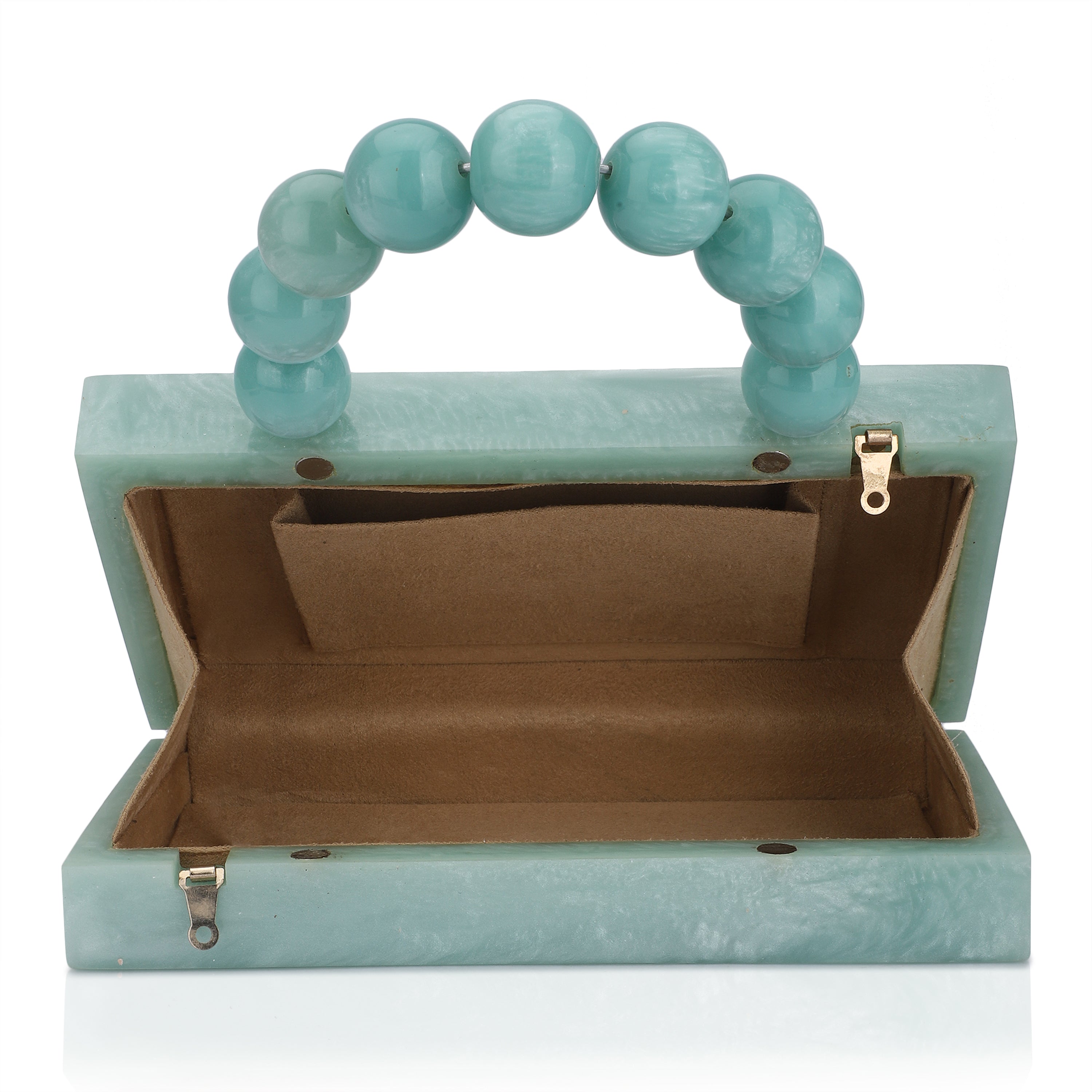 Green resin clutch with velvet lining, heavy-duty sling, and extra pocket for stylish storage.