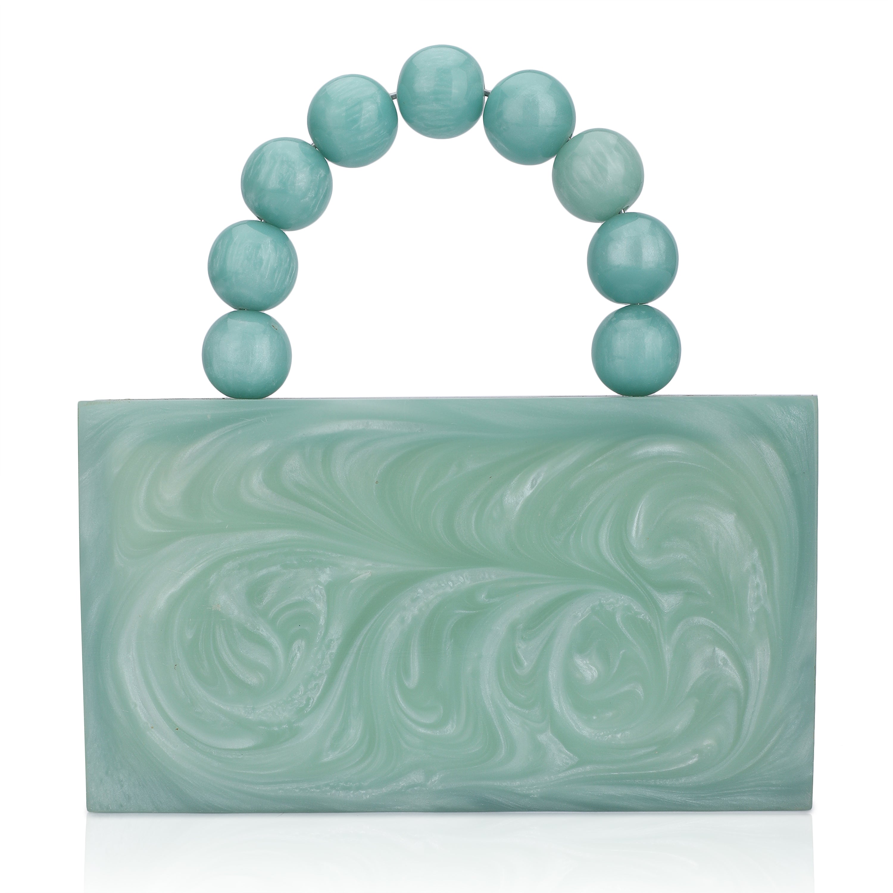 Green resin clutch with velvet lining, heavy-duty sling, and extra pocket for stylish storage.
