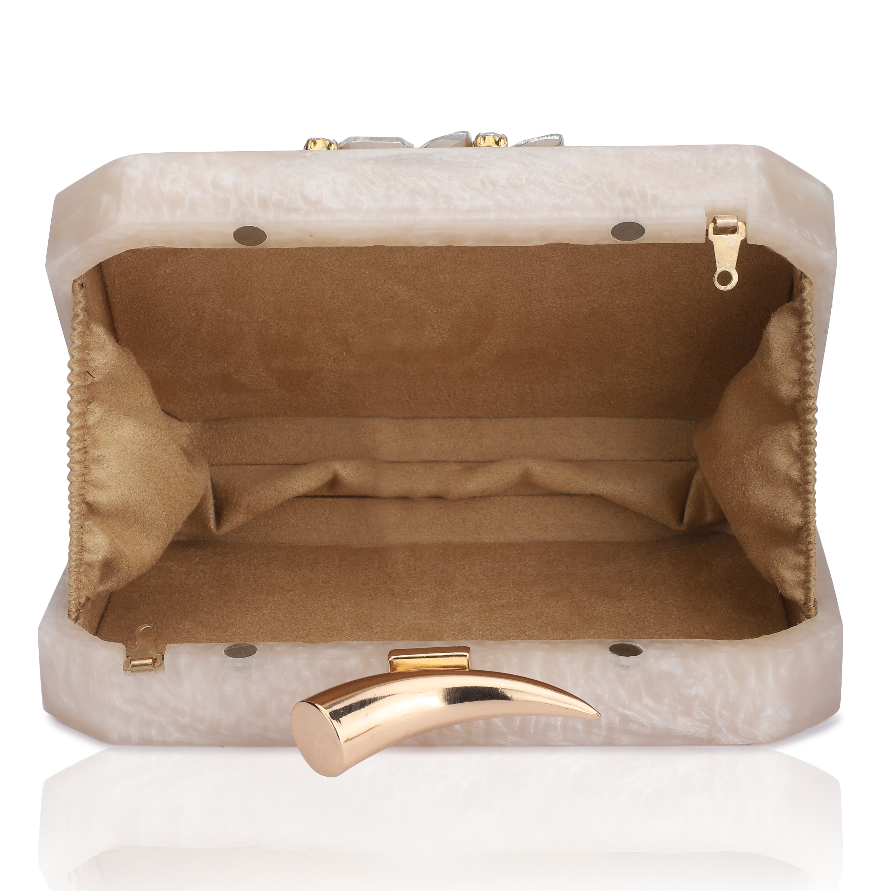 Salmon resin clutch with stone embellishments, soft lining, and extra pocket for practical storage.