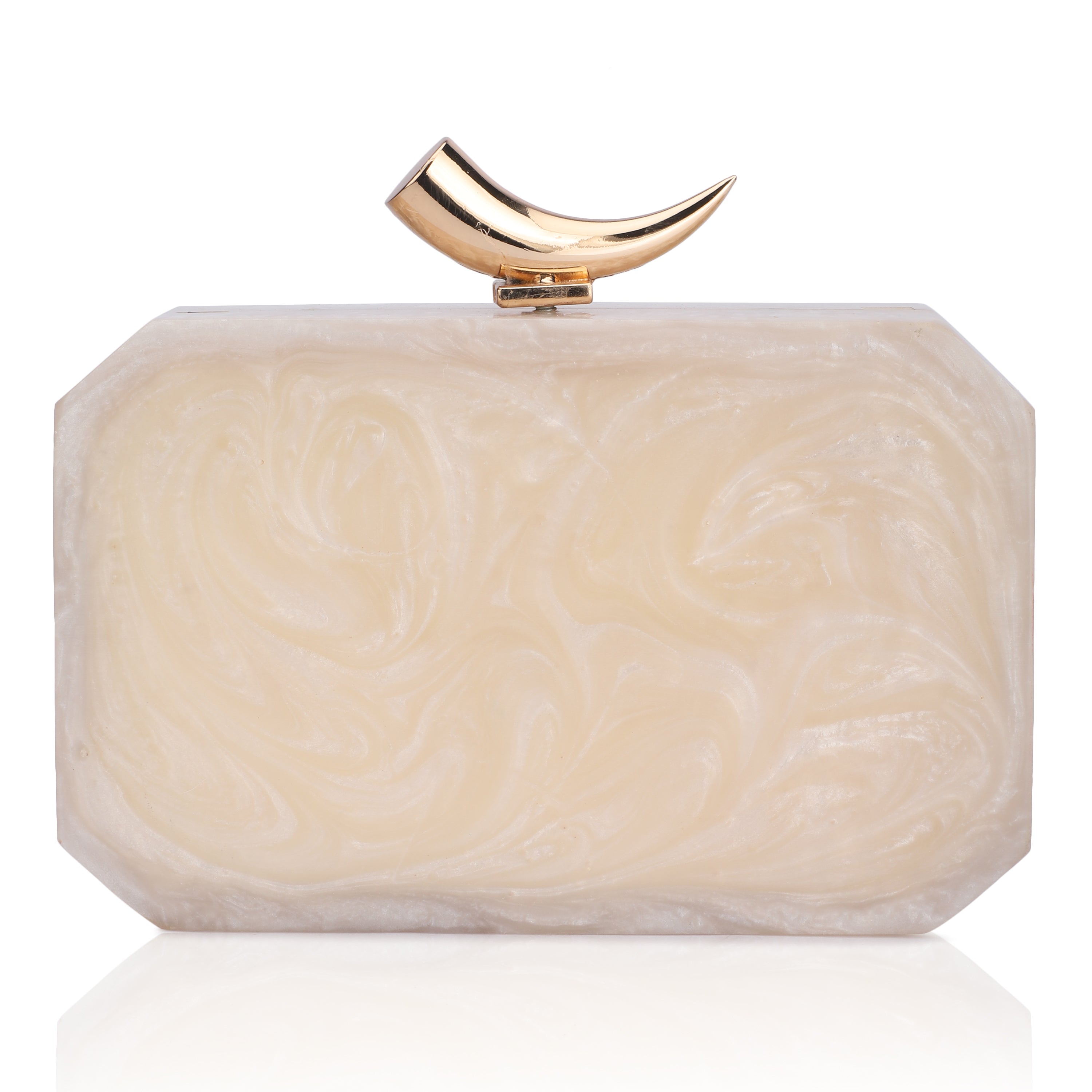 Salmon resin clutch with stone embellishments, soft lining, and extra pocket for practical storage.