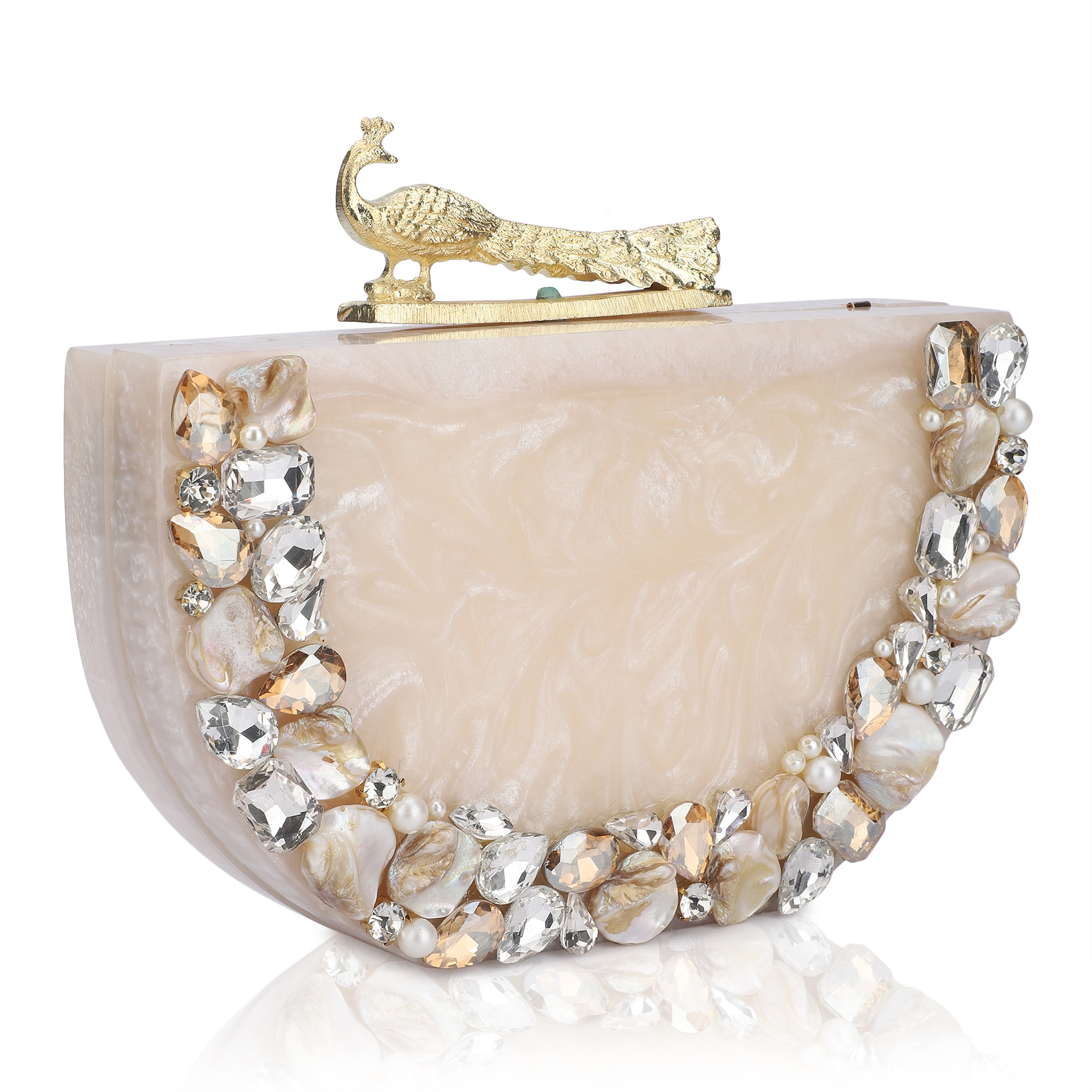 Salmon resin clutch with stone embellishments, soft lining, and extra pocket for storage.