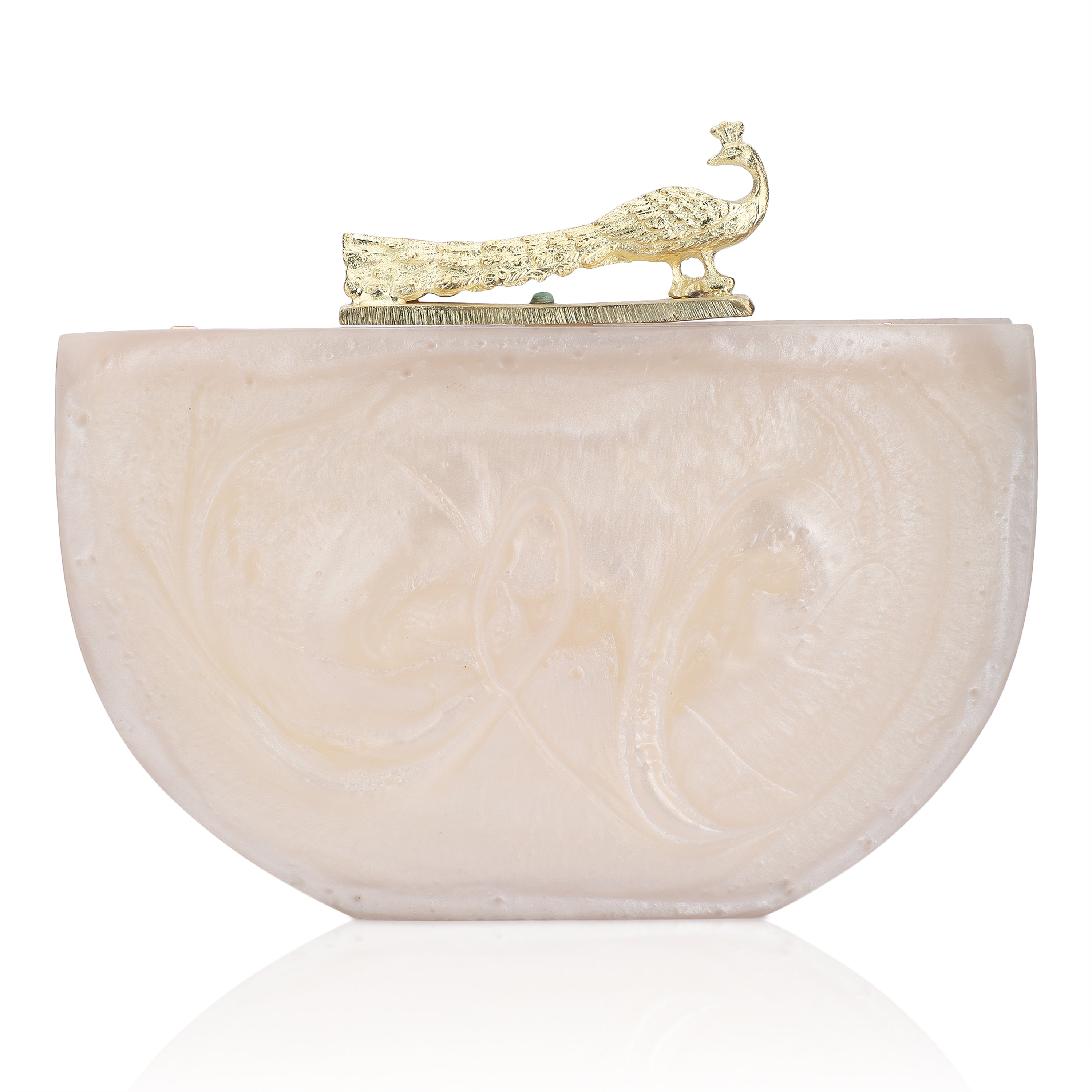 Salmon resin clutch with stone embellishments, soft lining, and extra pocket for storage.