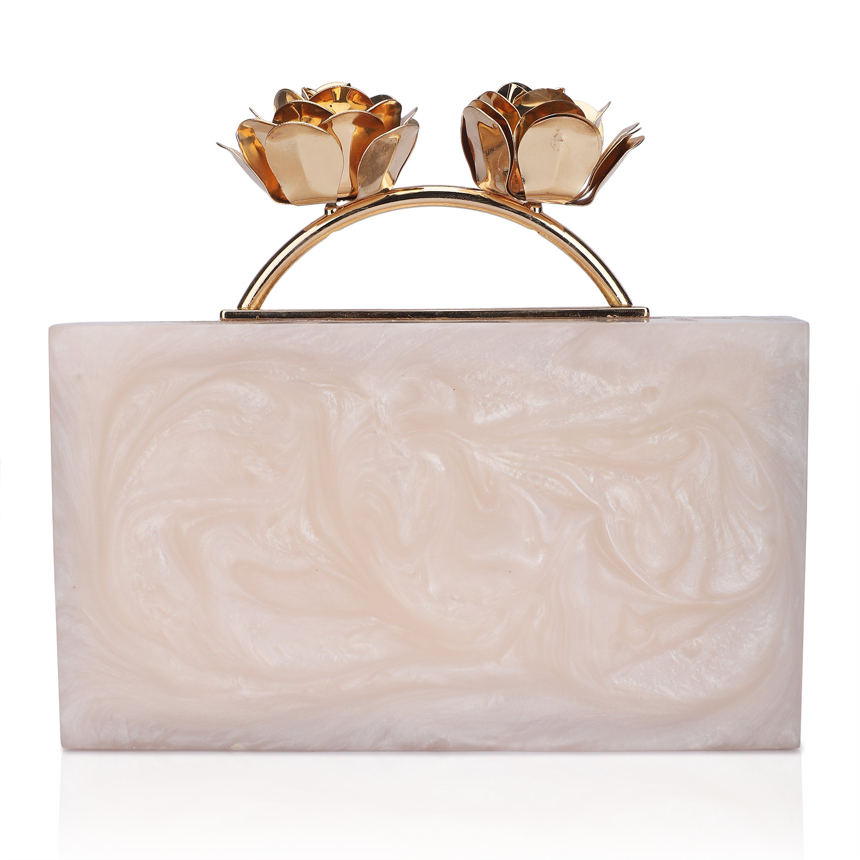 Elegant salmon resin clutch with rose knob, soft lining, and heavy sling for convenience.