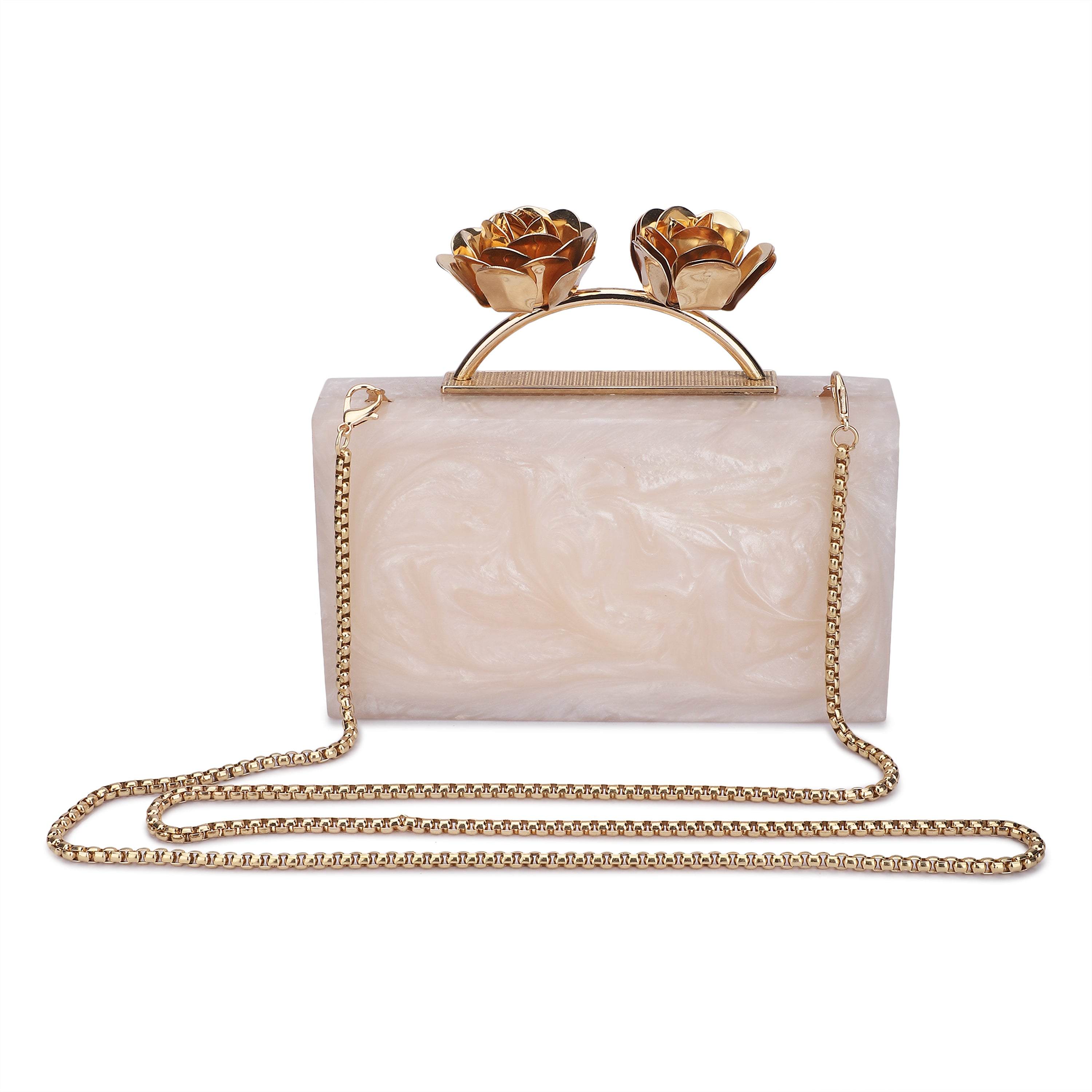 Elegant salmon resin clutch with rose knob, soft lining, and heavy sling for convenience.