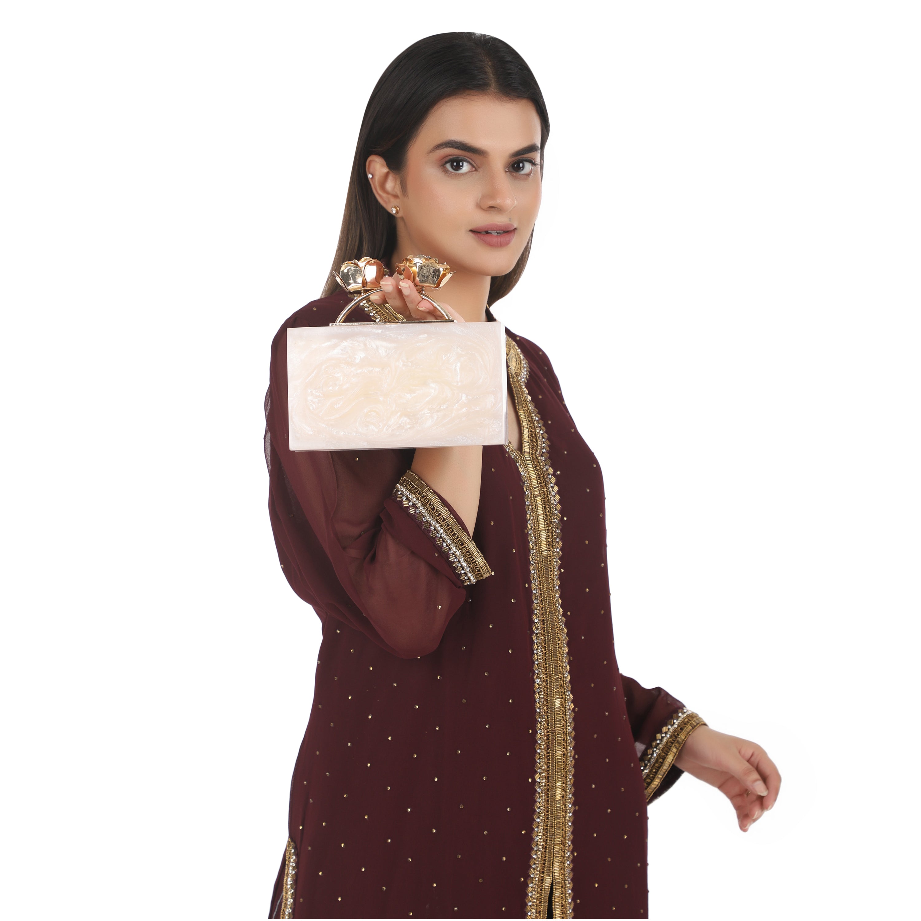 Elegant salmon resin clutch with rose knob, soft lining, and heavy sling for convenience.