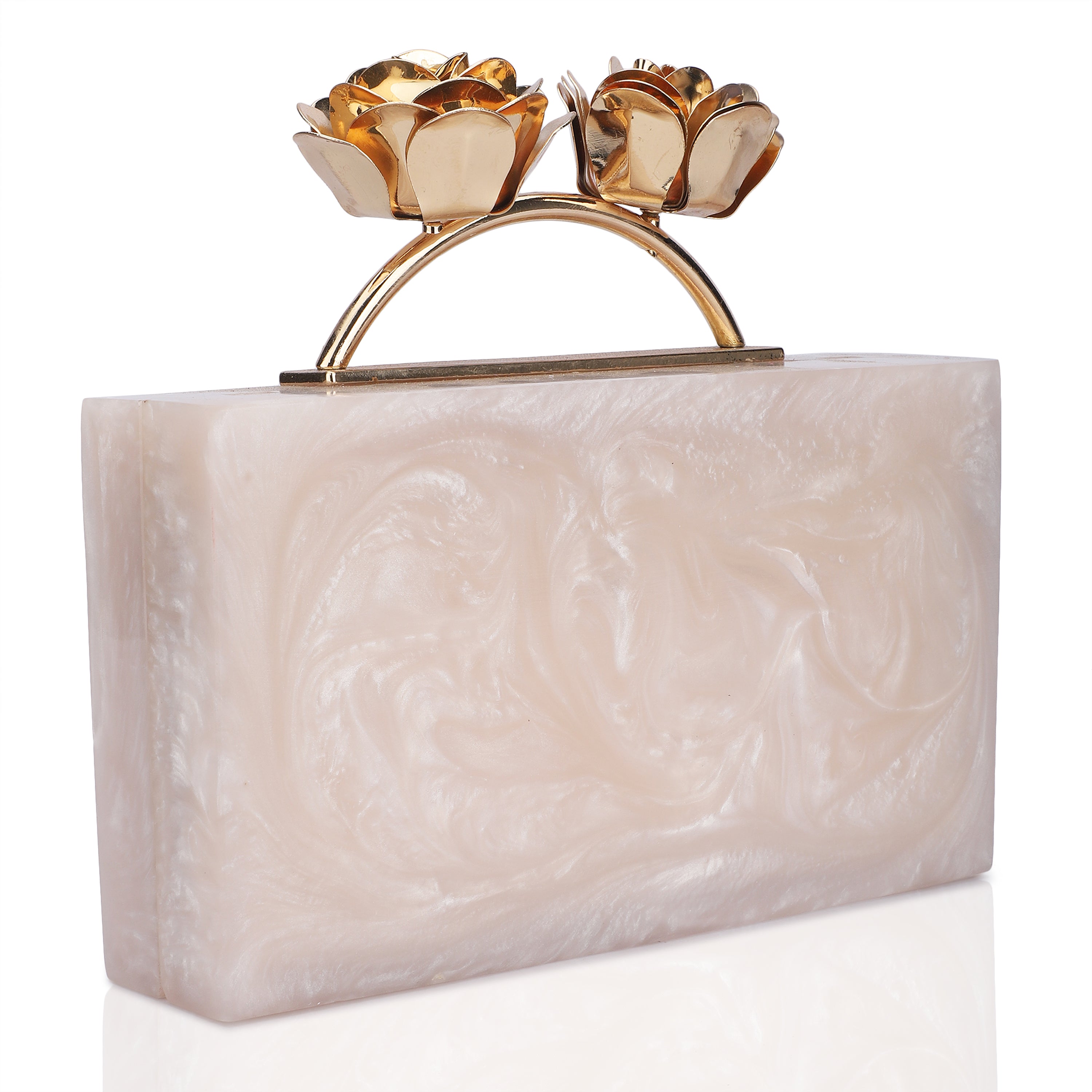 Elegant salmon resin clutch with rose knob, soft lining, and heavy sling for convenience.