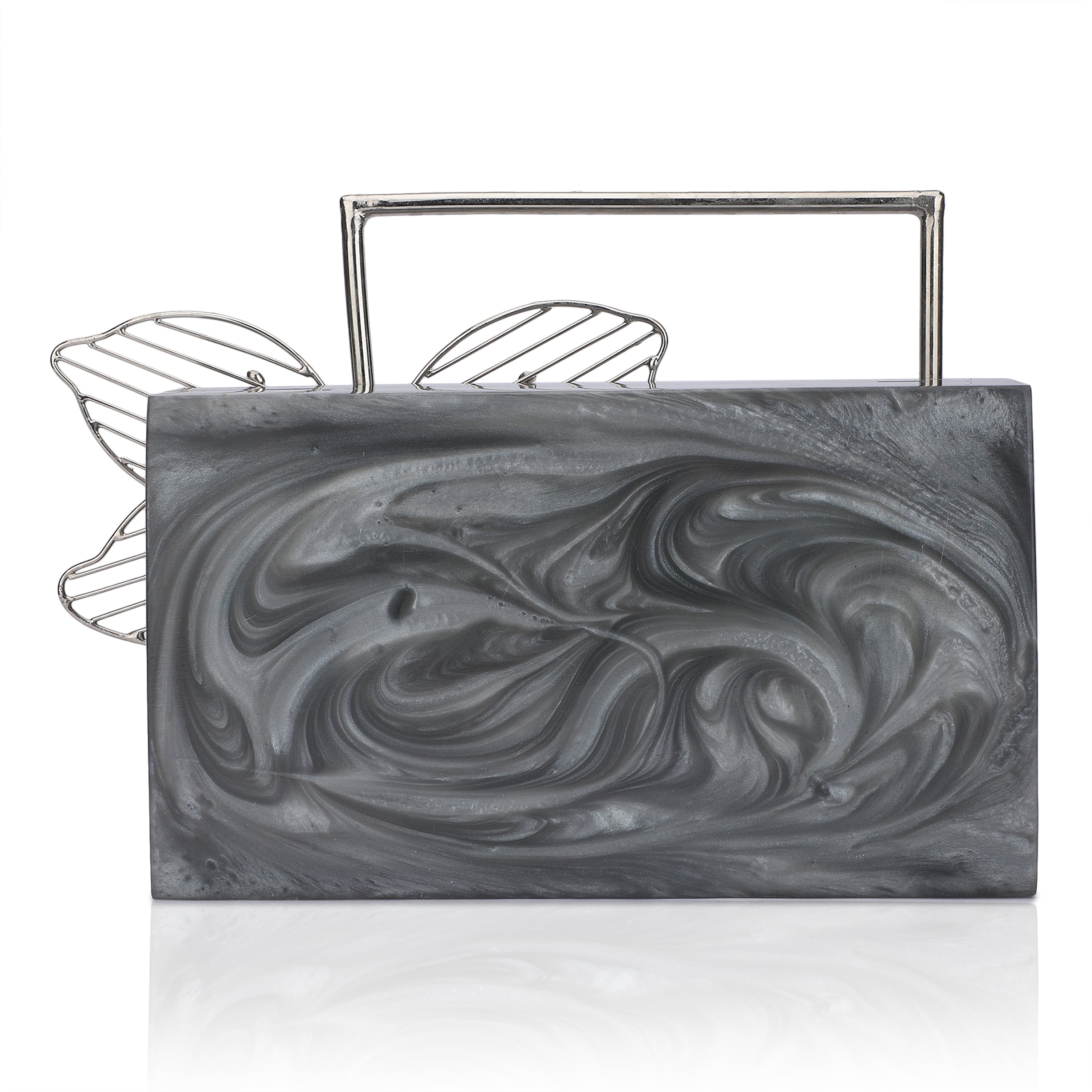Exclusive grey resin clutch with flower handles, heavy sling, and extra pocket for practicality.