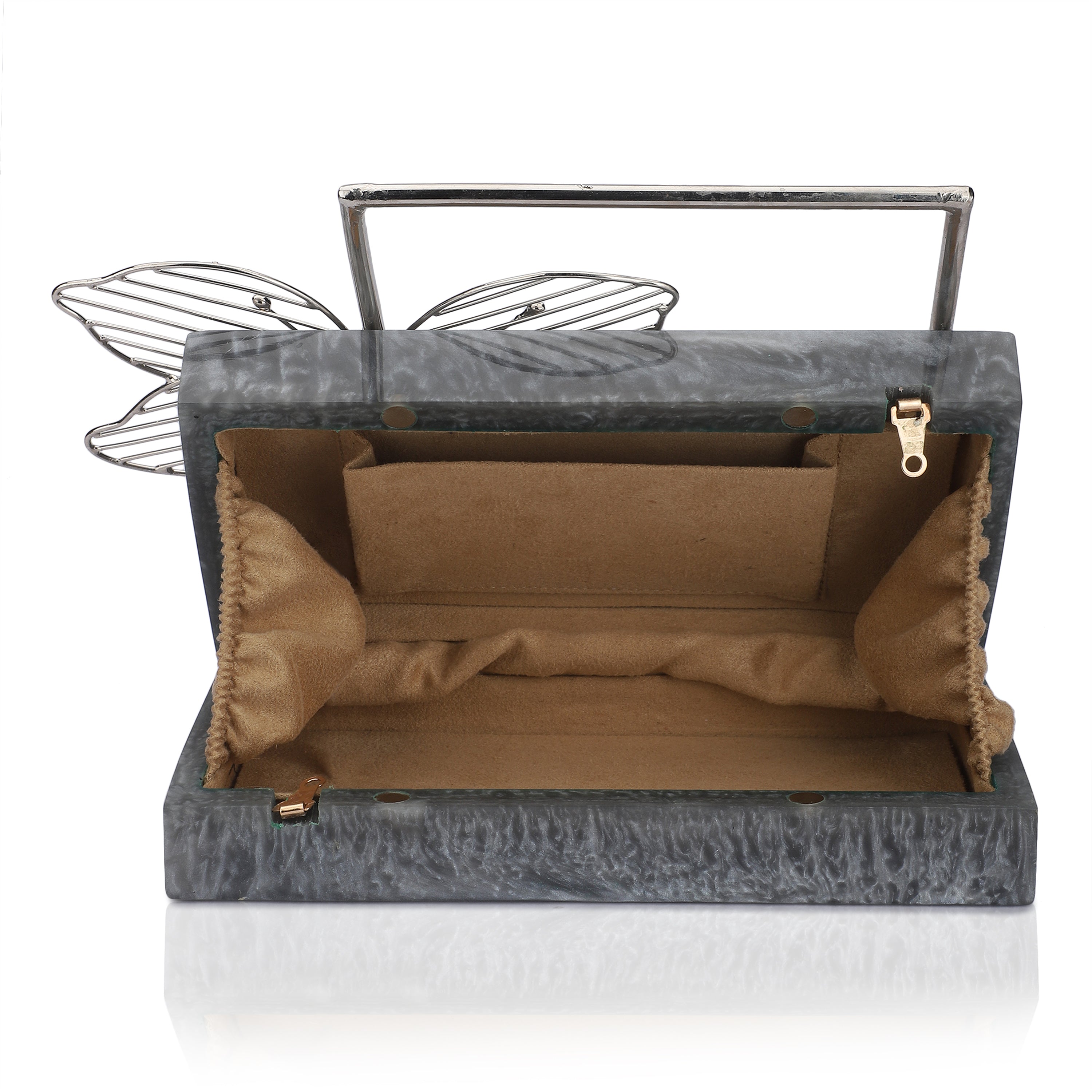 Exclusive grey resin clutch with flower handles, heavy sling, and extra pocket for practicality.