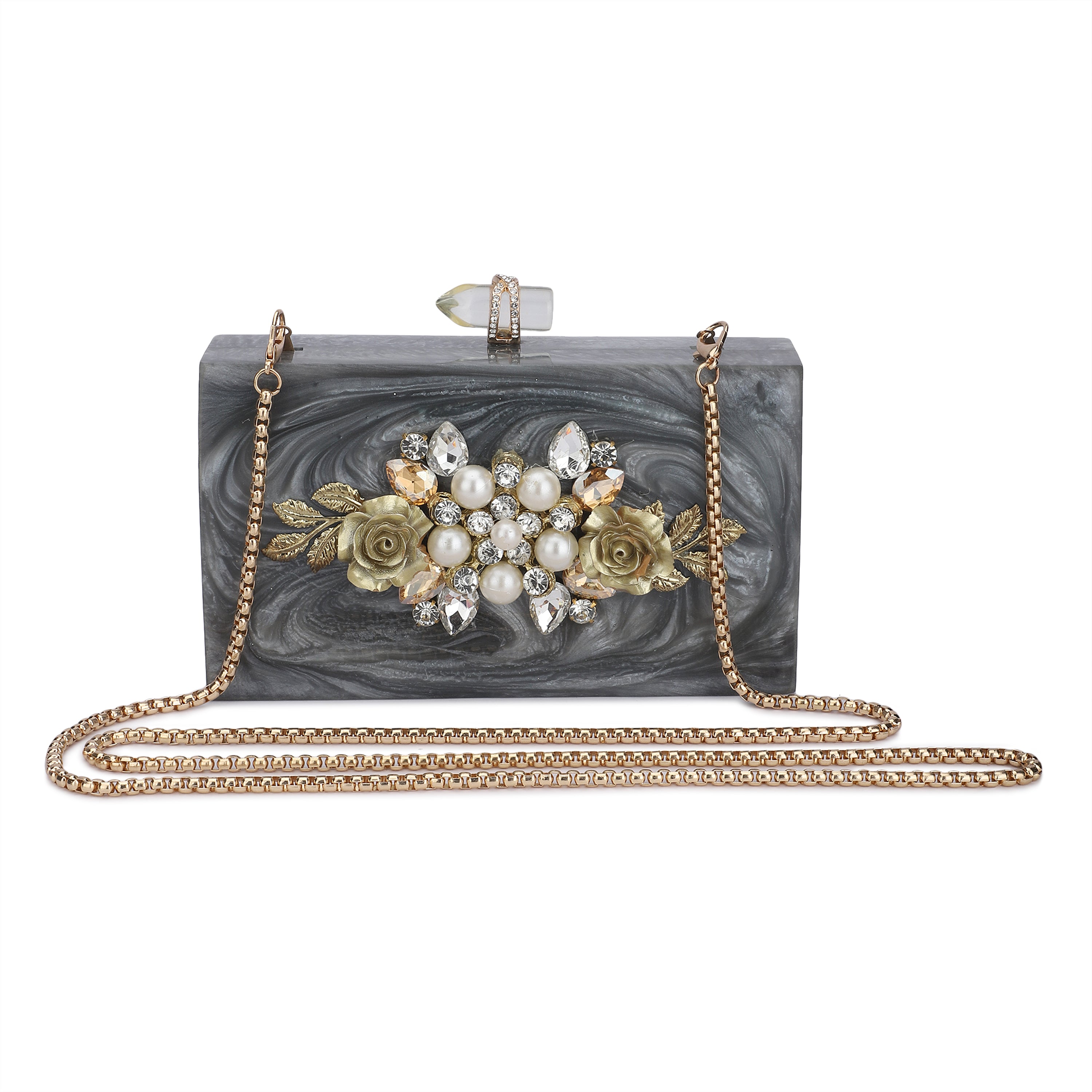 Exclusive grey resin clutch with heavy sling, soft elastic lining, and extra pocket for convenience.