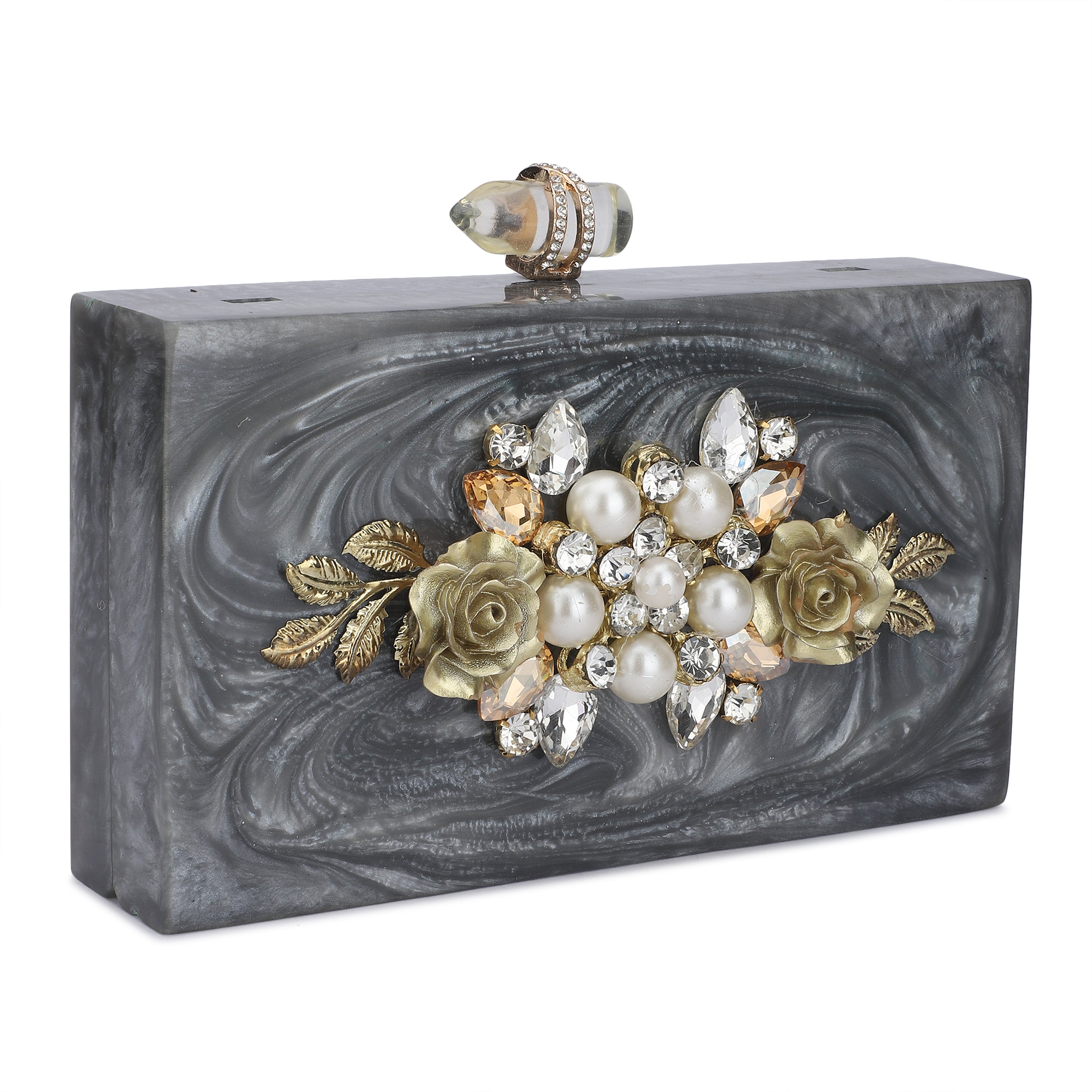 Exclusive grey resin clutch with heavy sling, soft elastic lining, and extra pocket for convenience.