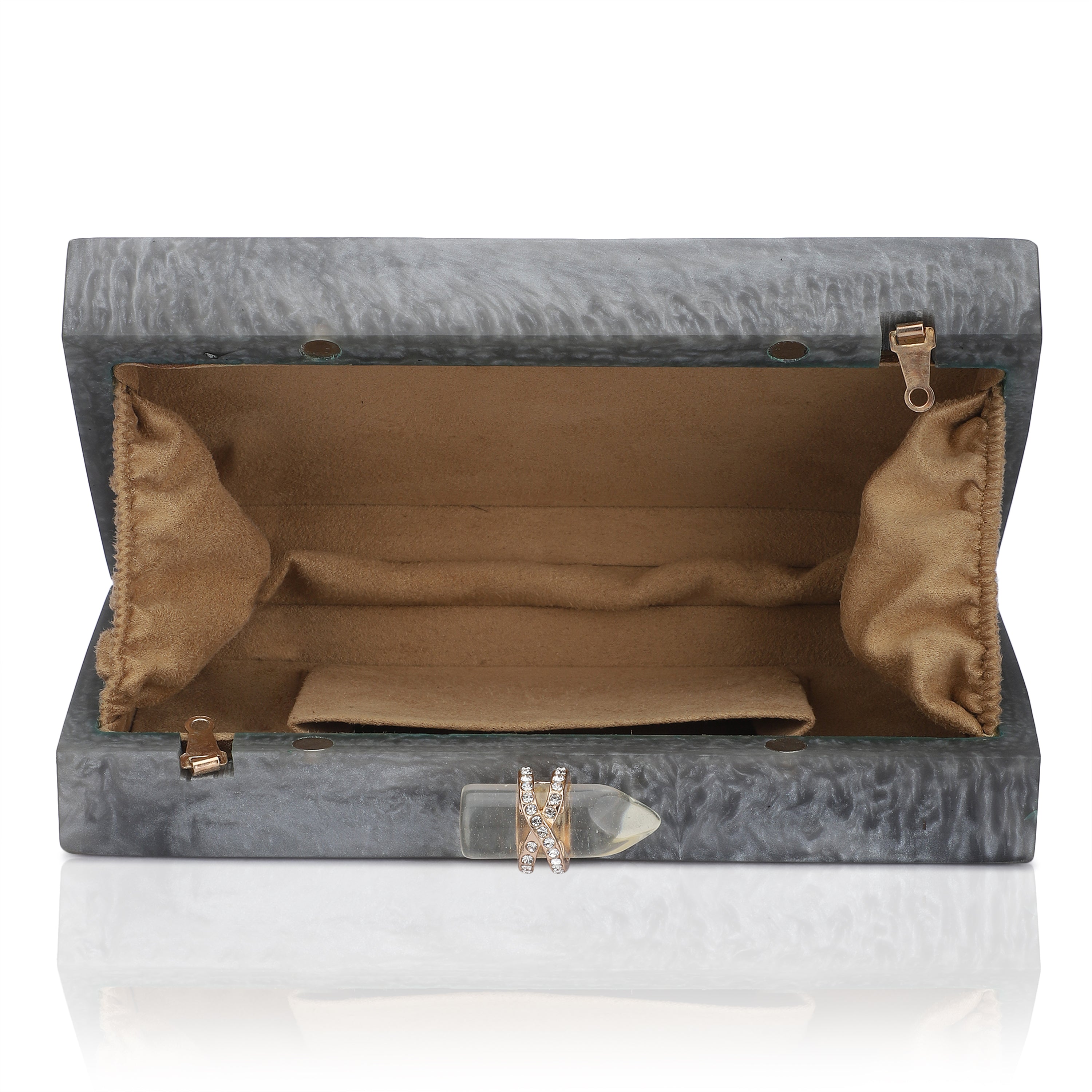 Exclusive grey resin clutch with heavy sling, soft elastic lining, and extra pocket for convenience.