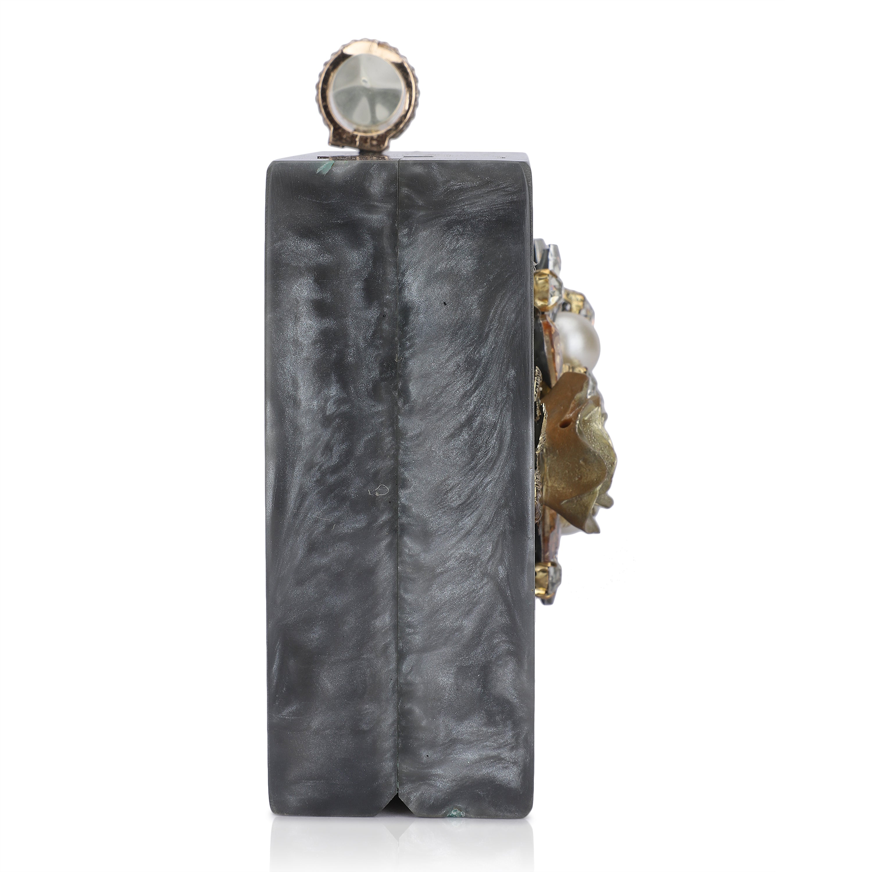 Exclusive grey resin clutch with heavy sling, soft elastic lining, and extra pocket for convenience.