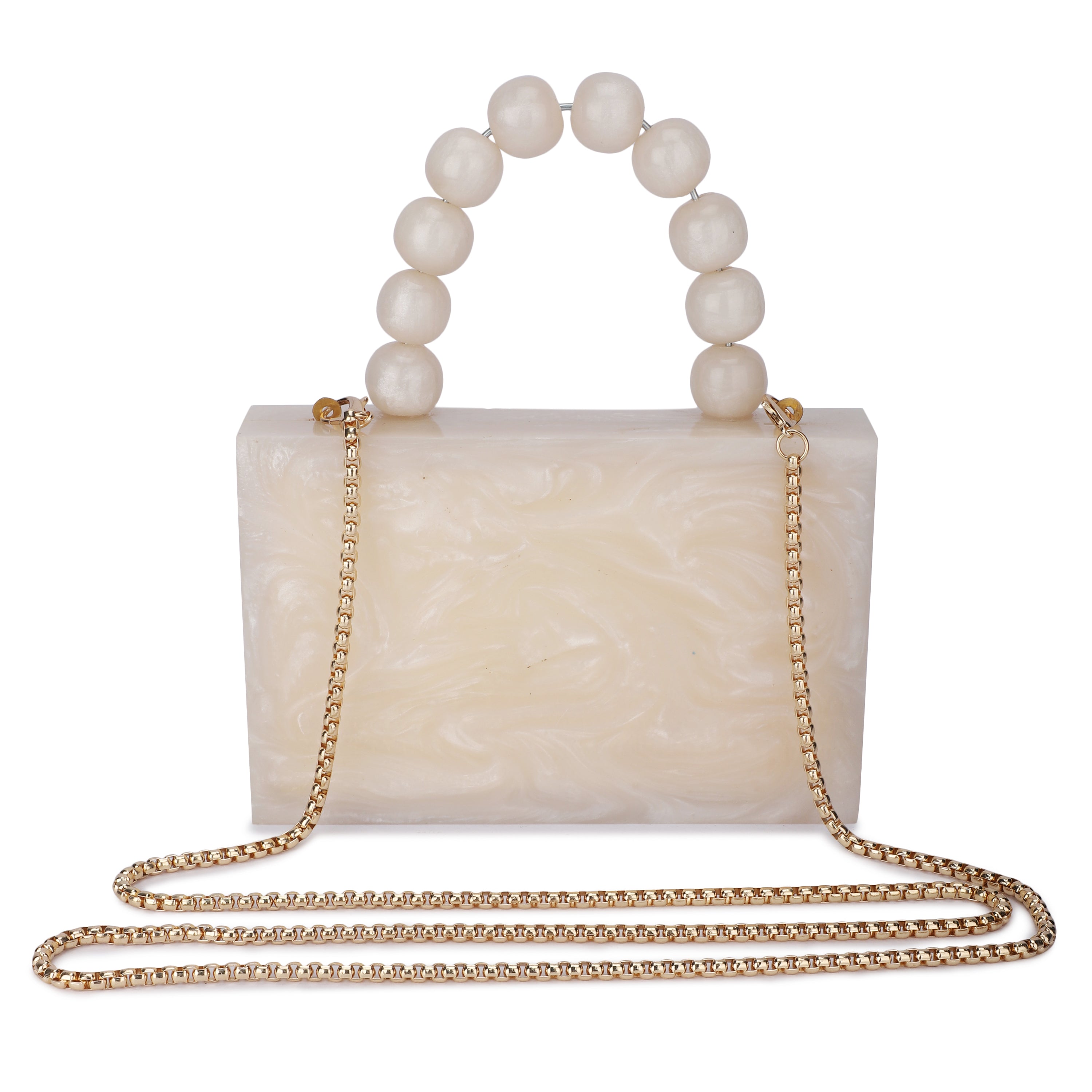 Salmon resin clutch with velvet lining, heavy-duty sling, and extra pocket for convenient storage.