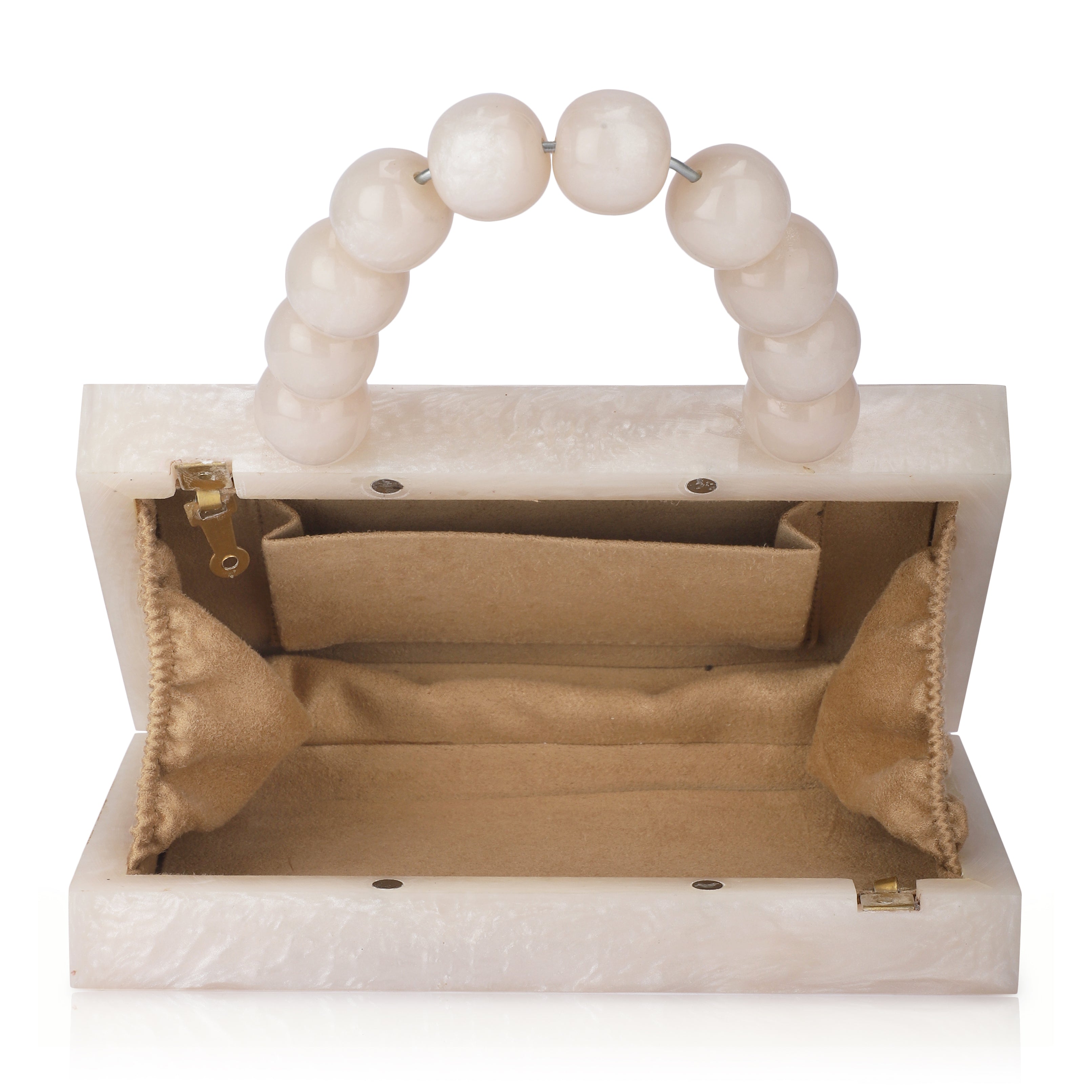 Salmon resin clutch with velvet lining, heavy-duty sling, and extra pocket for convenient storage.