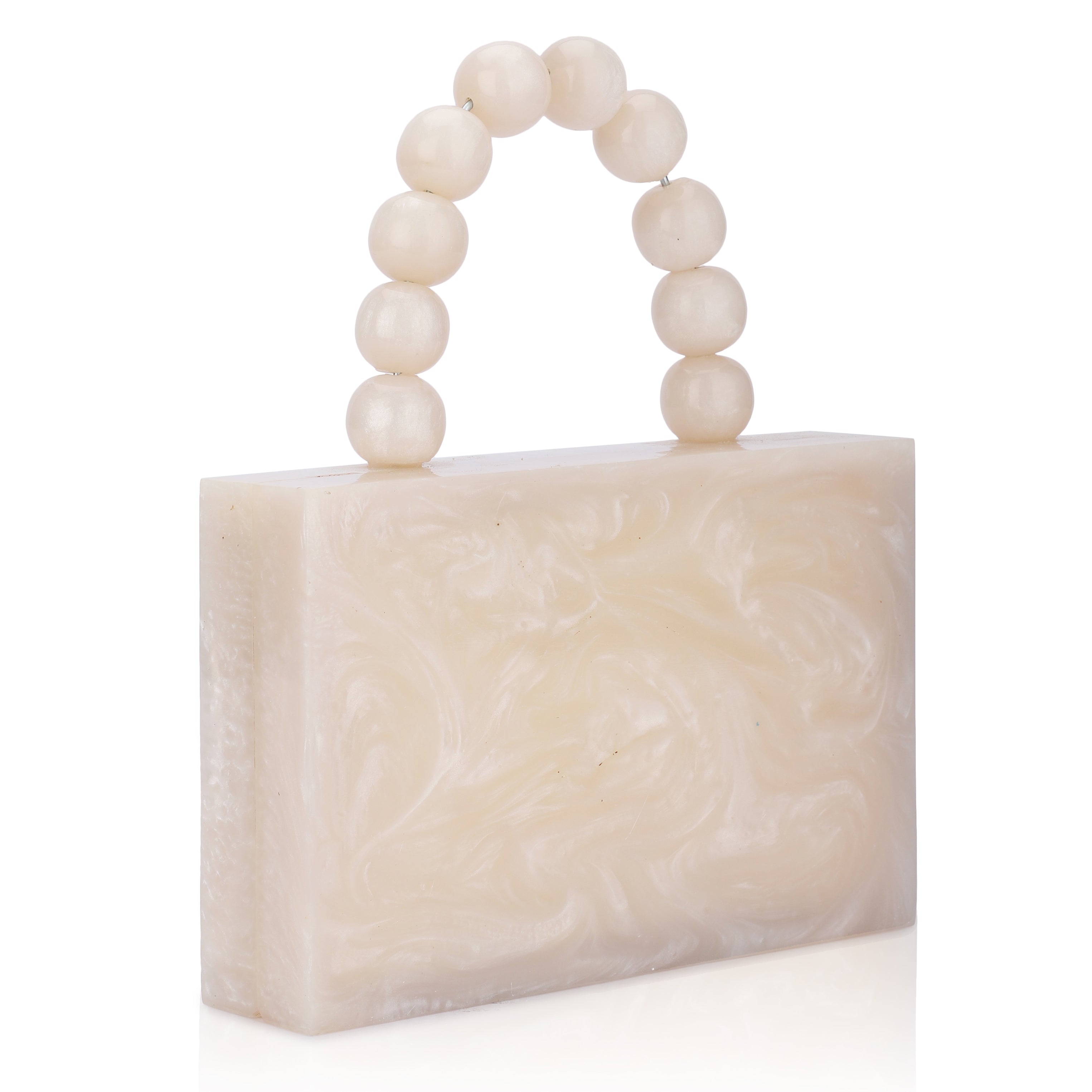 Salmon resin clutch with velvet lining, heavy-duty sling, and extra pocket for convenient storage.