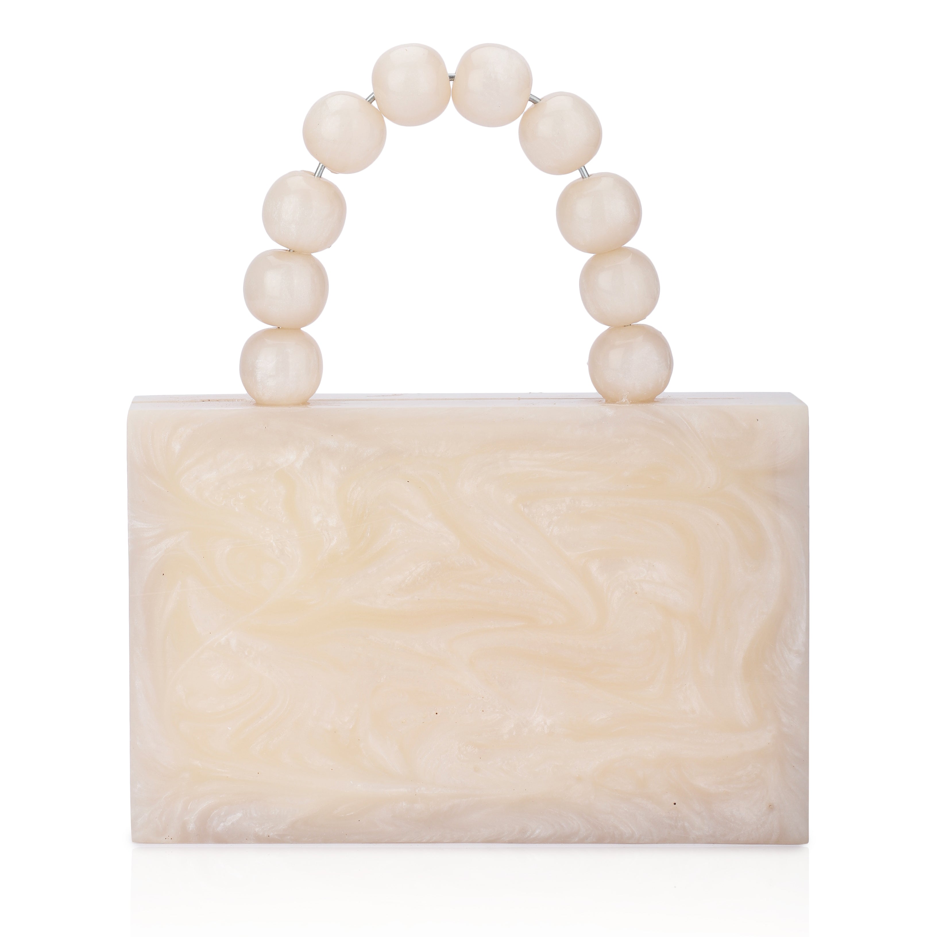 Salmon resin clutch with velvet lining, heavy-duty sling, and extra pocket for convenient storage.