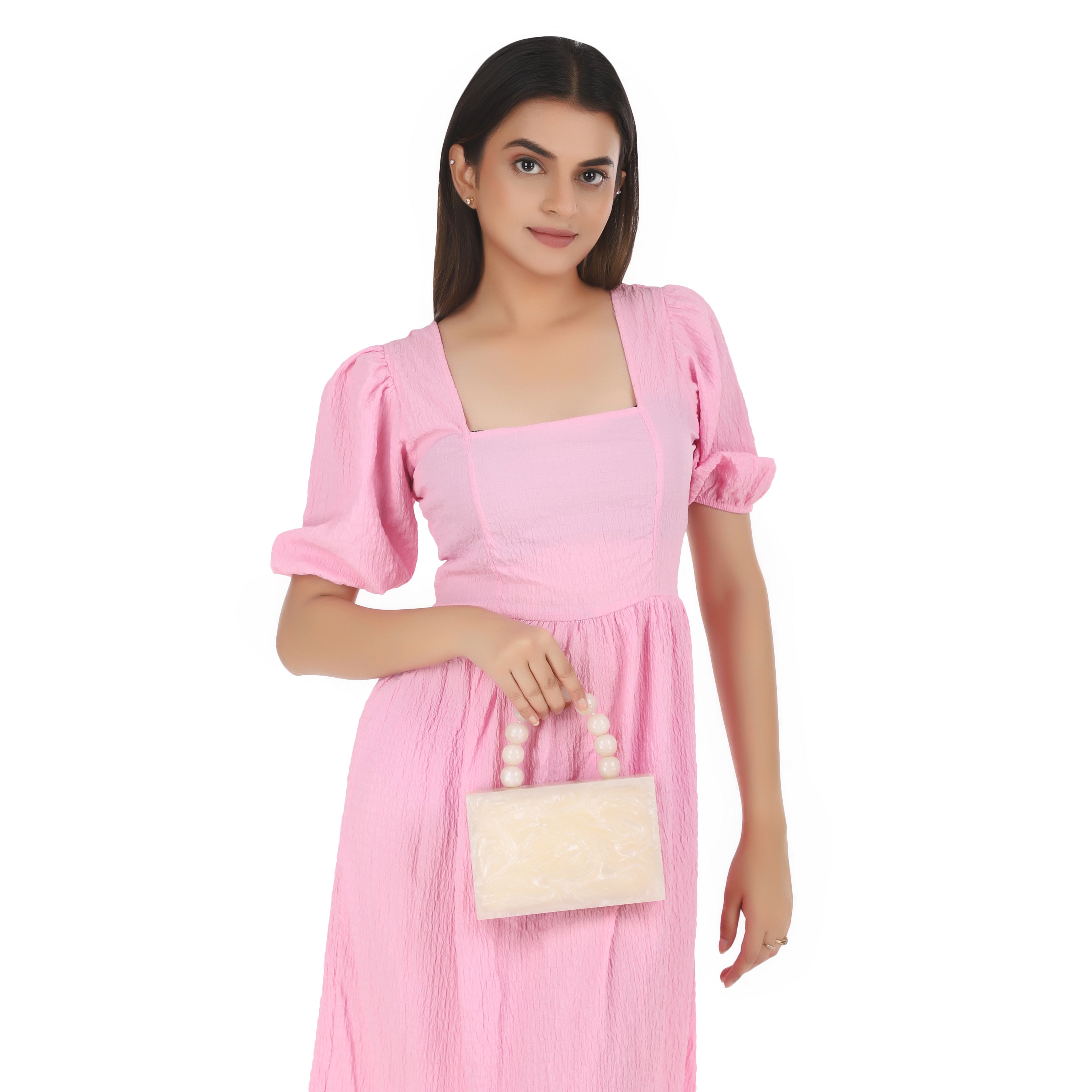 Salmon resin clutch with velvet lining, heavy-duty sling, and extra pocket for convenient storage.