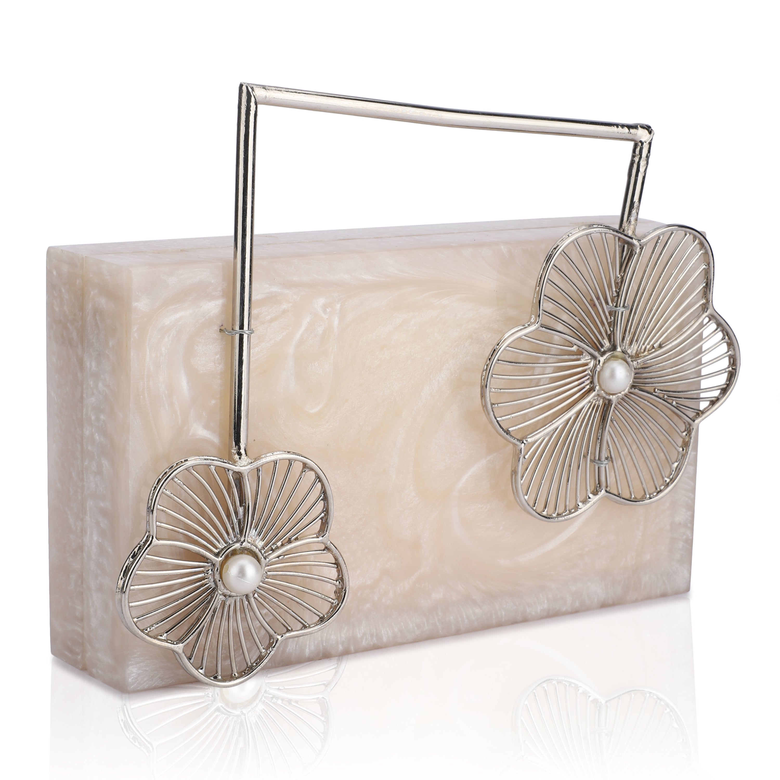 Salmon resin clutch with unique flower handles, heavy sling, and extra pocket for convenience.