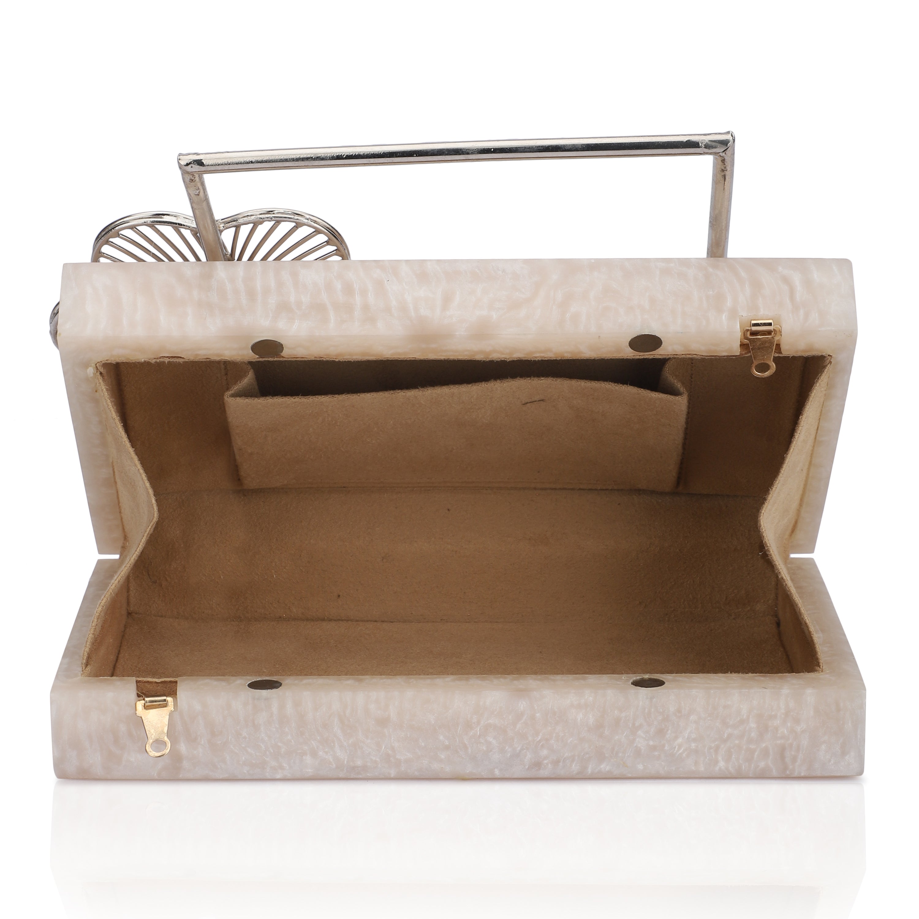 Salmon resin clutch with unique flower handles, heavy sling, and extra pocket for convenience.