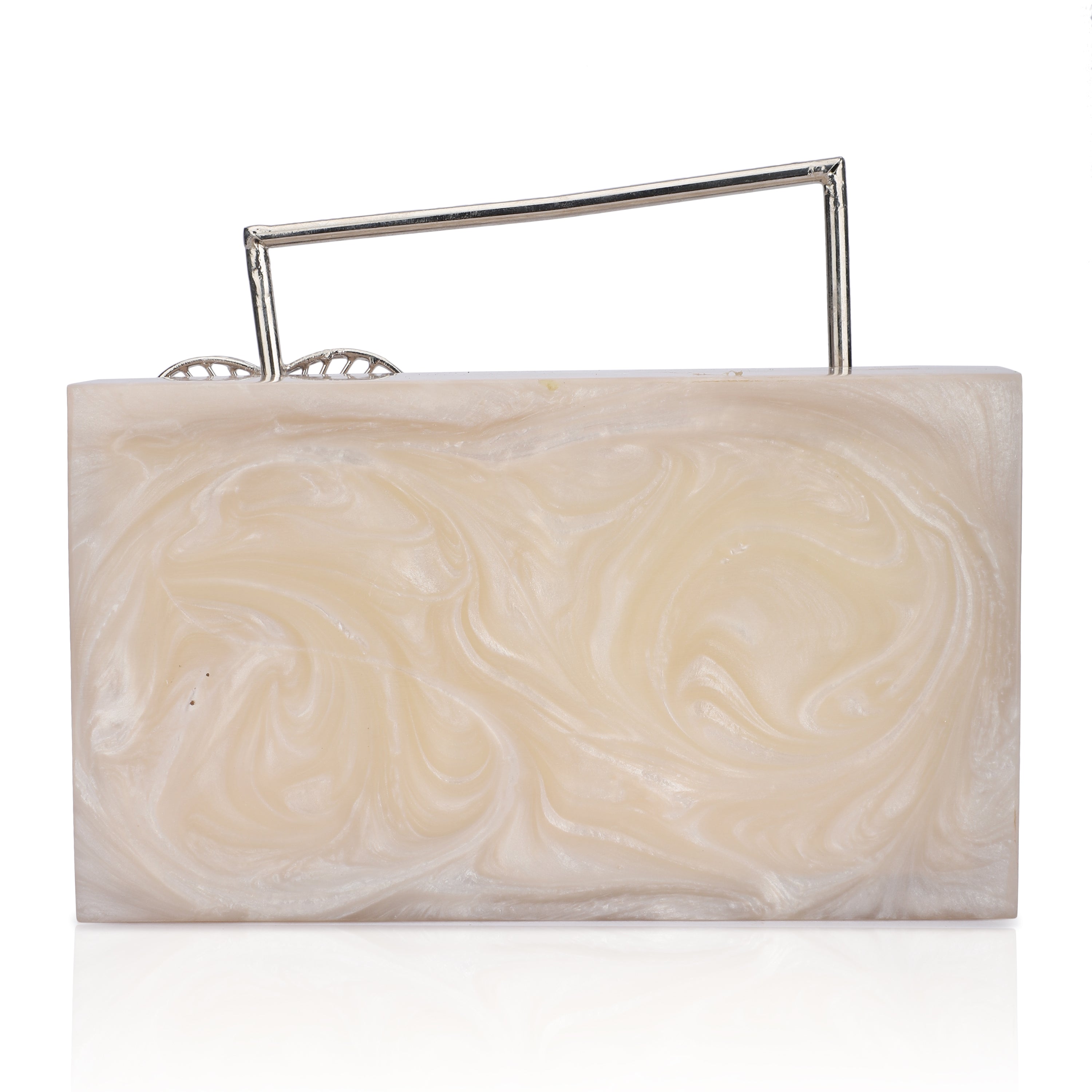 Salmon resin clutch with unique flower handles, heavy sling, and extra pocket for convenience.