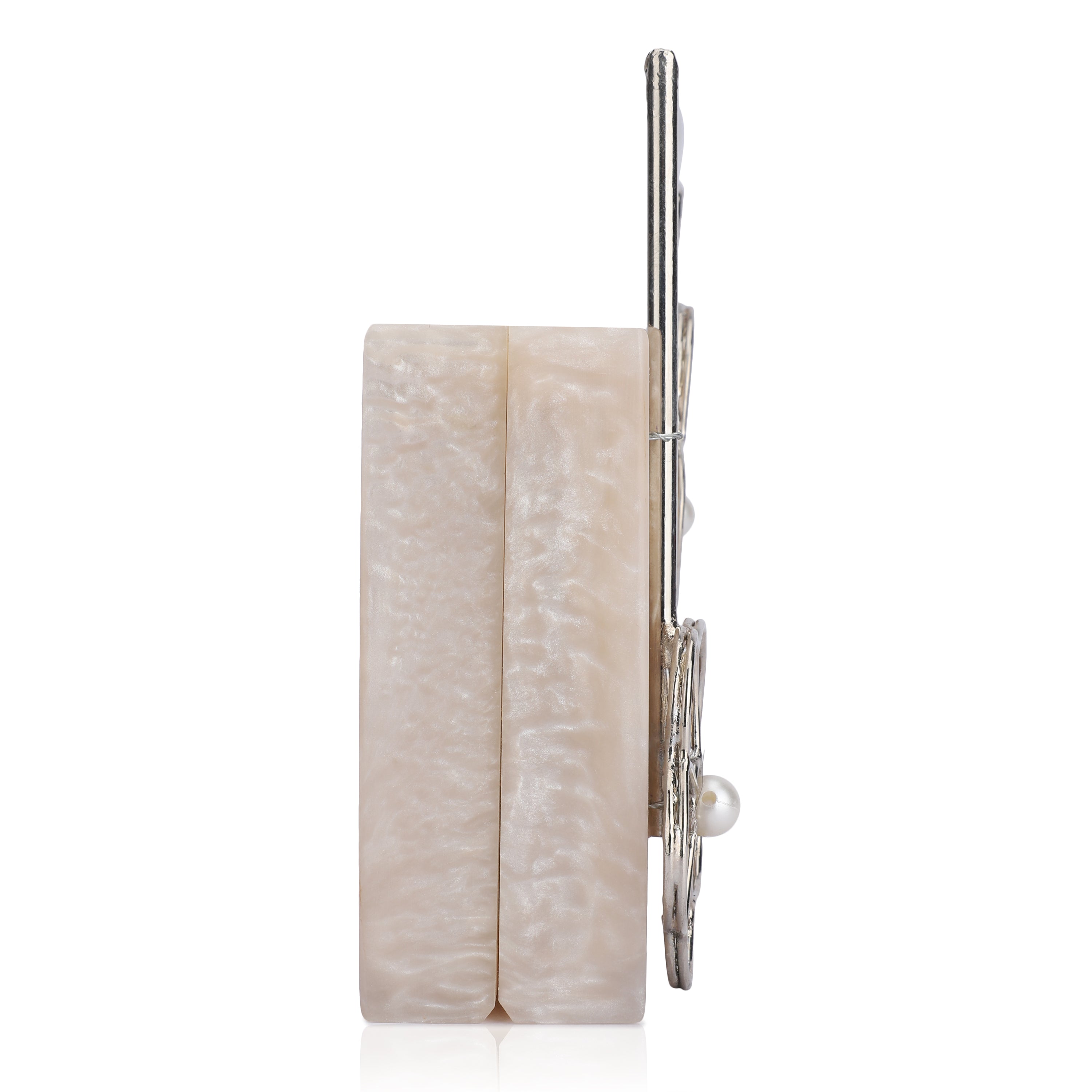 Salmon resin clutch with unique flower handles, heavy sling, and extra pocket for convenience.